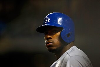 NEW YORK, NY - OCTOBER 13:  Yasiel Puig #66 of the Los Angeles Dodgers looks on against the New York Mets during game four of the National League Division Series at Citi Field on October 13, 2015 in New York City.  (Photo by Mike Stobe/Getty Images)