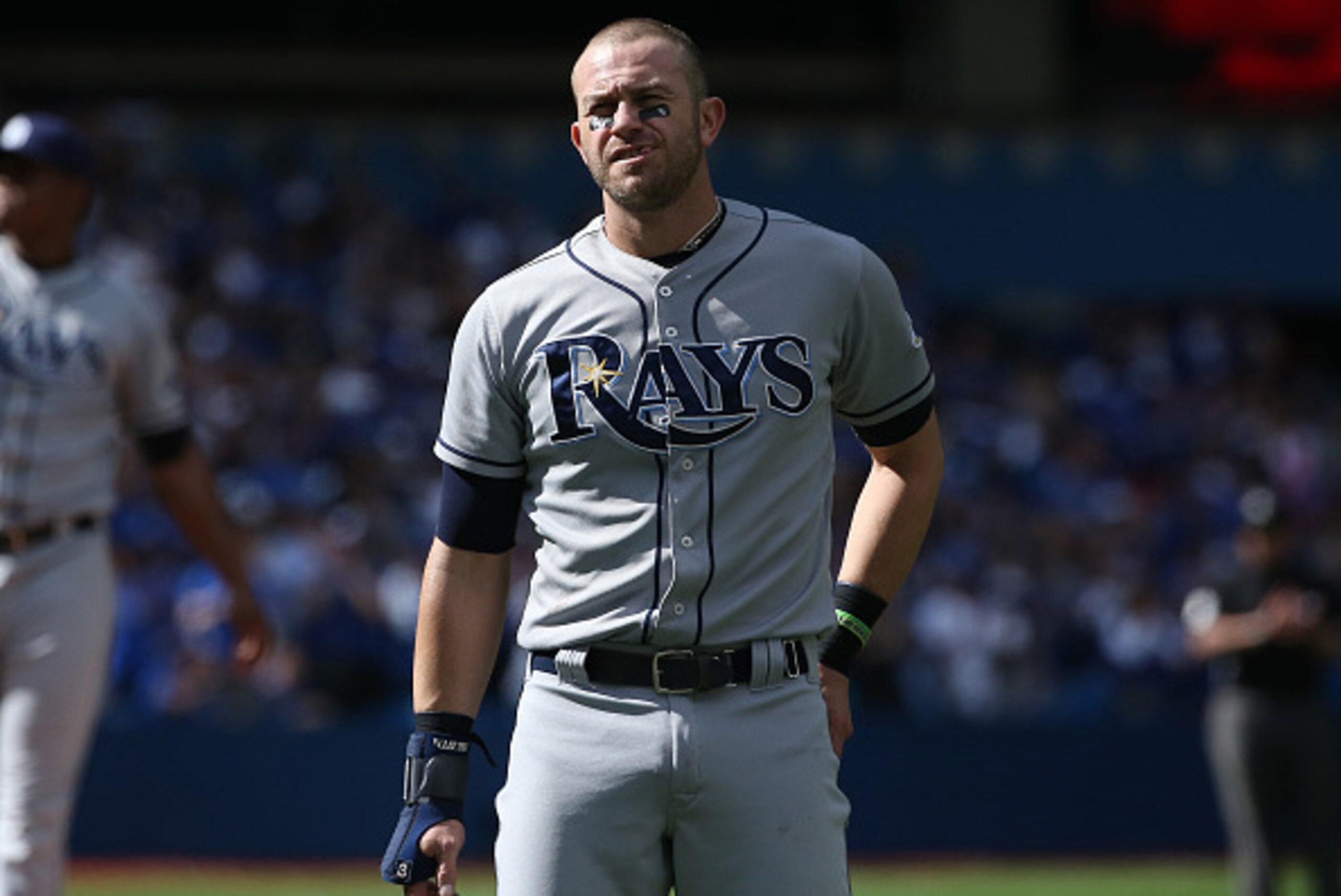 TORONTO, CANADA - SEPTEMBER 27: Evan Longoria #3 of the Tampa Bay Rays at the end of the fifth inning during MLB game action against the Toronto Blue Jays on September 27, 2015 at Rogers Centre in Toronto, Ontario, Canada. (Photo by Tom Szczerbowski/Getty
