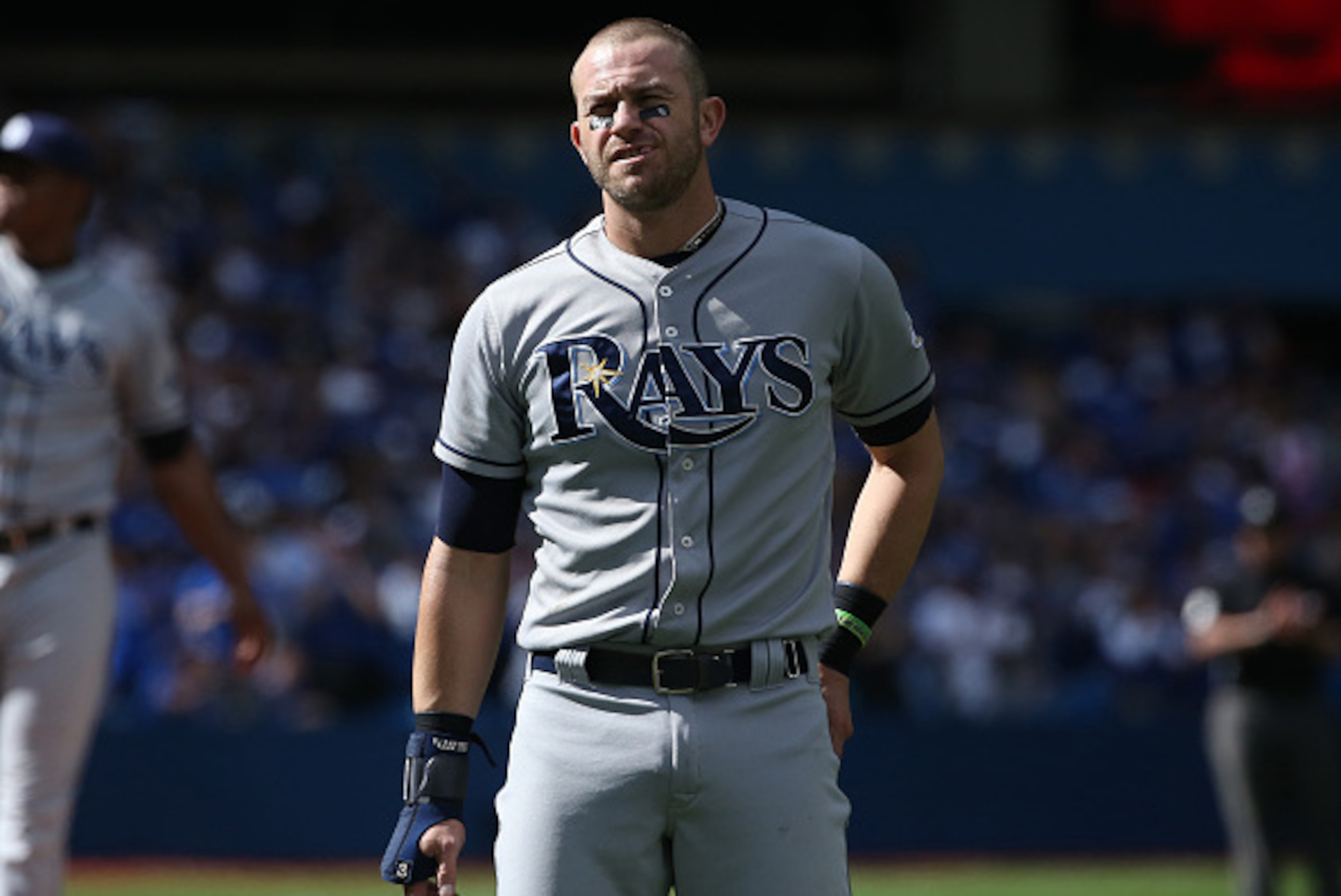 TORONTO, CANADA - SEPTEMBER 27: Evan Longoria #3 of the Tampa Bay Rays at the end of the fifth inning during MLB game action against the Toronto Blue Jays on September 27, 2015 at Rogers Centre in Toronto, Ontario, Canada. (Photo by Tom Szczerbowski/Getty