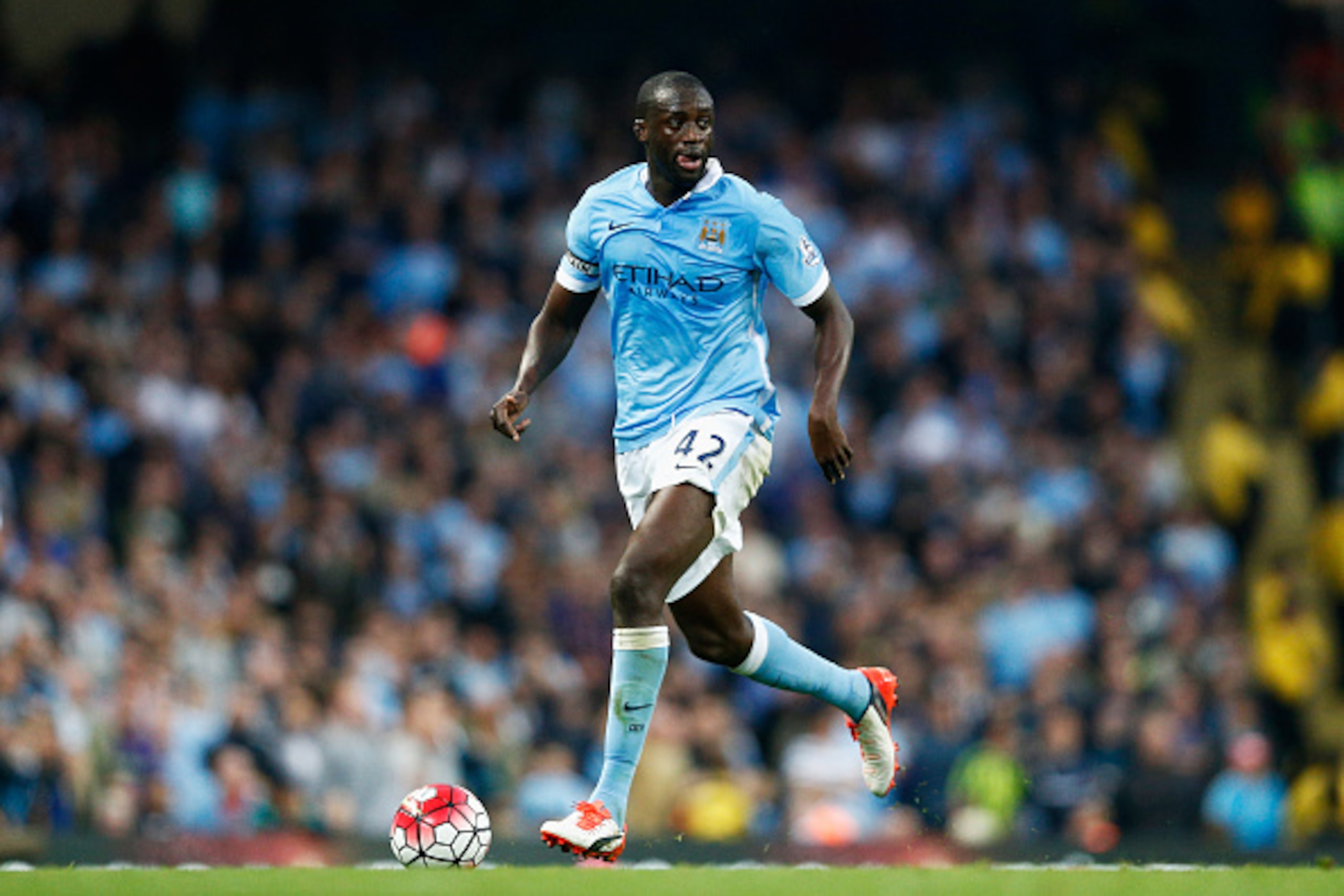 MANCHESTER, ENGLAND - SEPTEMBER 19: Yaya Toure of Manchester City in action during the Barclays Premier League match between Manchester City and West Ham United at Etihad Stadium on September 19, 2015 in Manchester, United Kingdom. (Photo by Dean Mouhta MANCHESTER, ENGLAND - SEPTEMBER 19: Yaya Toure of Manchester City in action during the Barclays Premier League match between Manchester City and West Ham United at Etihad Stadium on September 19, 2015 in Manchester, United Kingdom. (Photo by Dean Mouhta