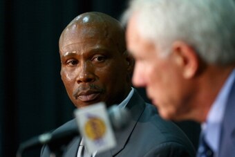 EL SEGUNDO, CA - JULY 29:  Byron Scott looks on, as Los Angeles Lakers general manager Mitch Kupchak addresses the media during a press conference to introduce Byron Scott as the new head coach of the Los Angeles Lakers at Toyota Sports Center on July 29,