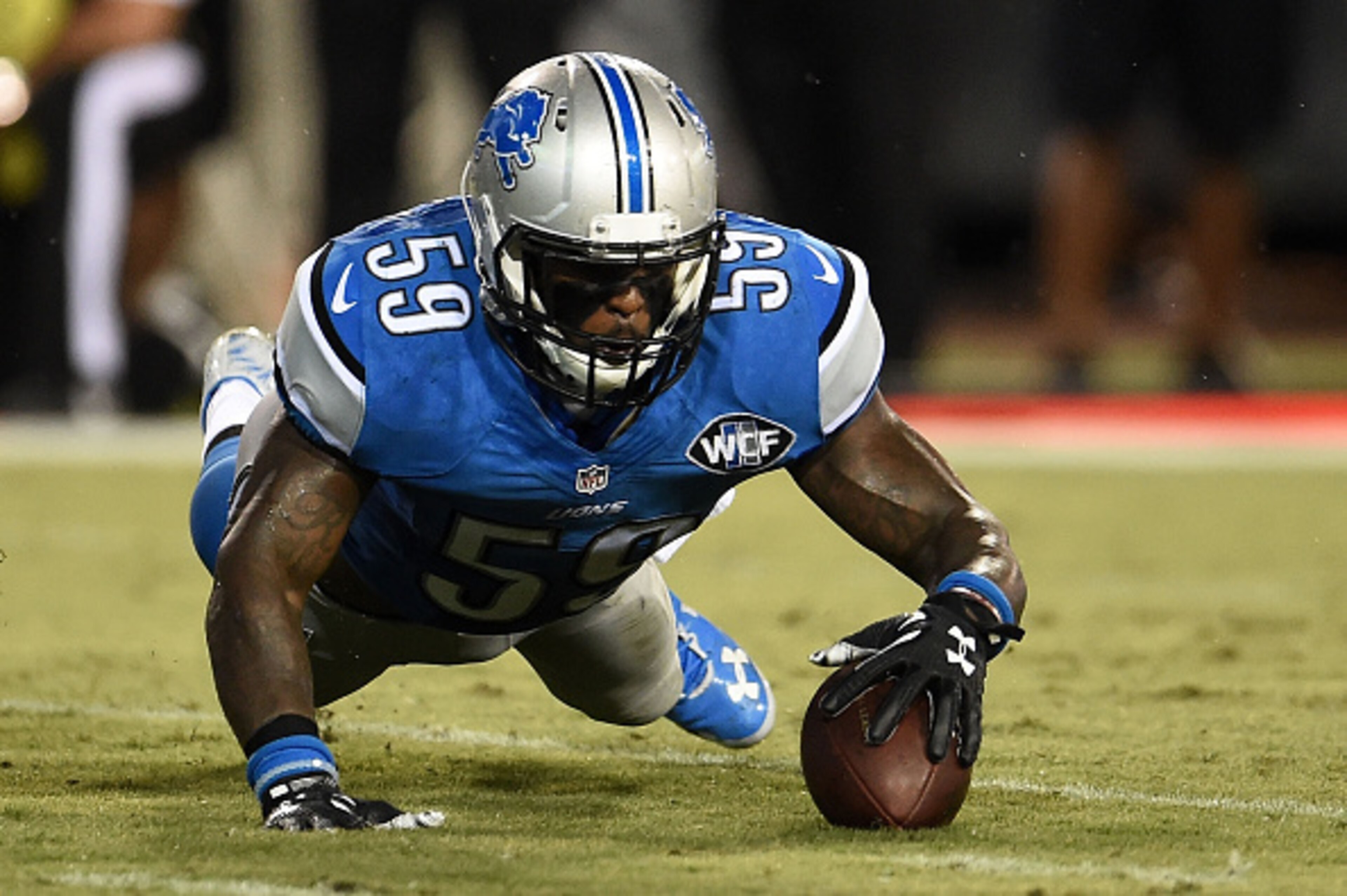 JACKSONVILLE, FL - AUGUST 28: Tahir Whitehead #59 of the Detroit Lions falls on a loose ball during the third quarter of a preseason game against the Jacksonville Jaguars at EverBank Field on August 28, 2015 in Jacksonville, Florida. (Photo by Stacy Rev JACKSONVILLE, FL - AUGUST 28: Tahir Whitehead #59 of the Detroit Lions falls on a loose ball during the third quarter of a preseason game against the Jacksonville Jaguars at EverBank Field on August 28, 2015 in Jacksonville, Florida. (Photo by Stacy Rev
