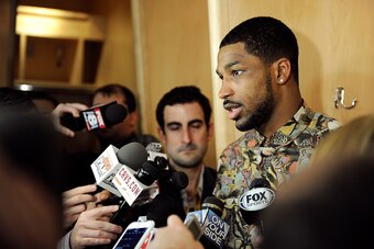 CLEVELAND, OH - JUNE 16: Tristan Thompson #13 of the Cleveland Cavaliers speaks to the media after a game against the Golden State Warriors in Game Six of the 2015 NBA Finals at The Quicken Loans Arena on June 16, 2015 in Cleveland, OH. NOTE TO USER: User
