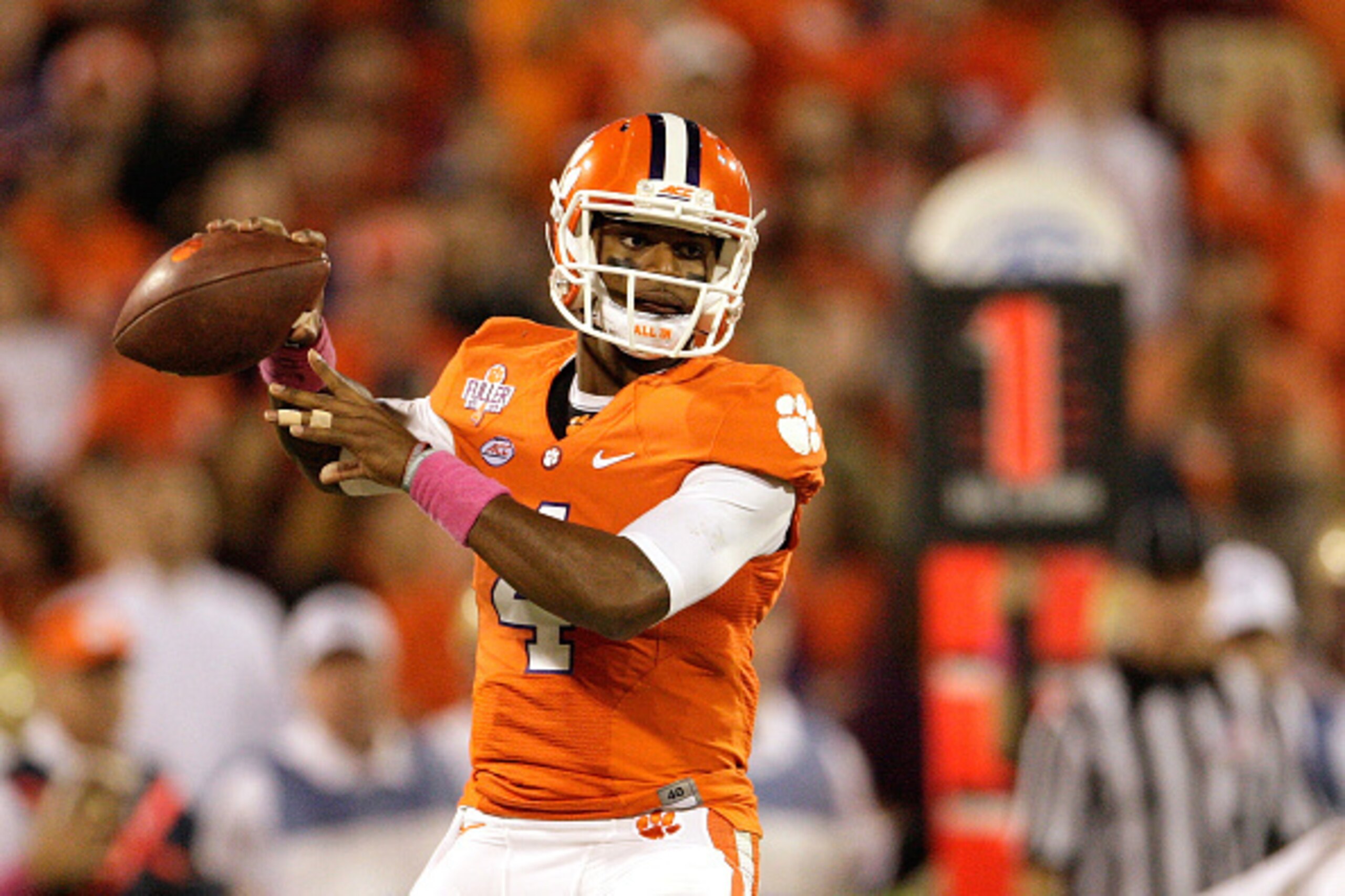 CLEMSON, SC - OCTOBER 17: Deshaun Watson #4 of the Clemson Tigers drops back for a pass during the game against the Boston College Eagles at Memorial Stadium on October 17, 2015 in Clemson, South Carolina. (Photo by Tyler Smith/Getty Images)