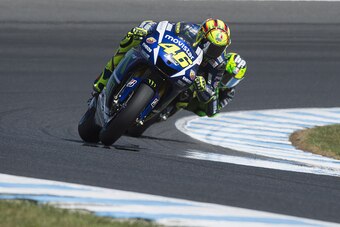 PHILLIP ISLAND, AUSTRALIA - OCTOBER 17:  Valentino Rossi of Italy and Movistar Yamaha MotoGP leads the field during the qualifying practice during the MotoGP of Australia - Qualifying for the 2015 MotoGP of Australia at Phillip Island Grand Prix Circuit o