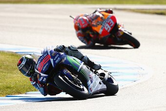 PHILLIP ISLAND, AUSTRALIA - OCTOBER 18:  Jorge Lorenzo of Spain and Movistar Yamaha MotoGP leads Marc Marquez of Spain and the Repsol Honda team during the 2015 MotoGP of Australia at Phillip Island Grand Prix Circuit on October 18, 2015 in Phillip Island