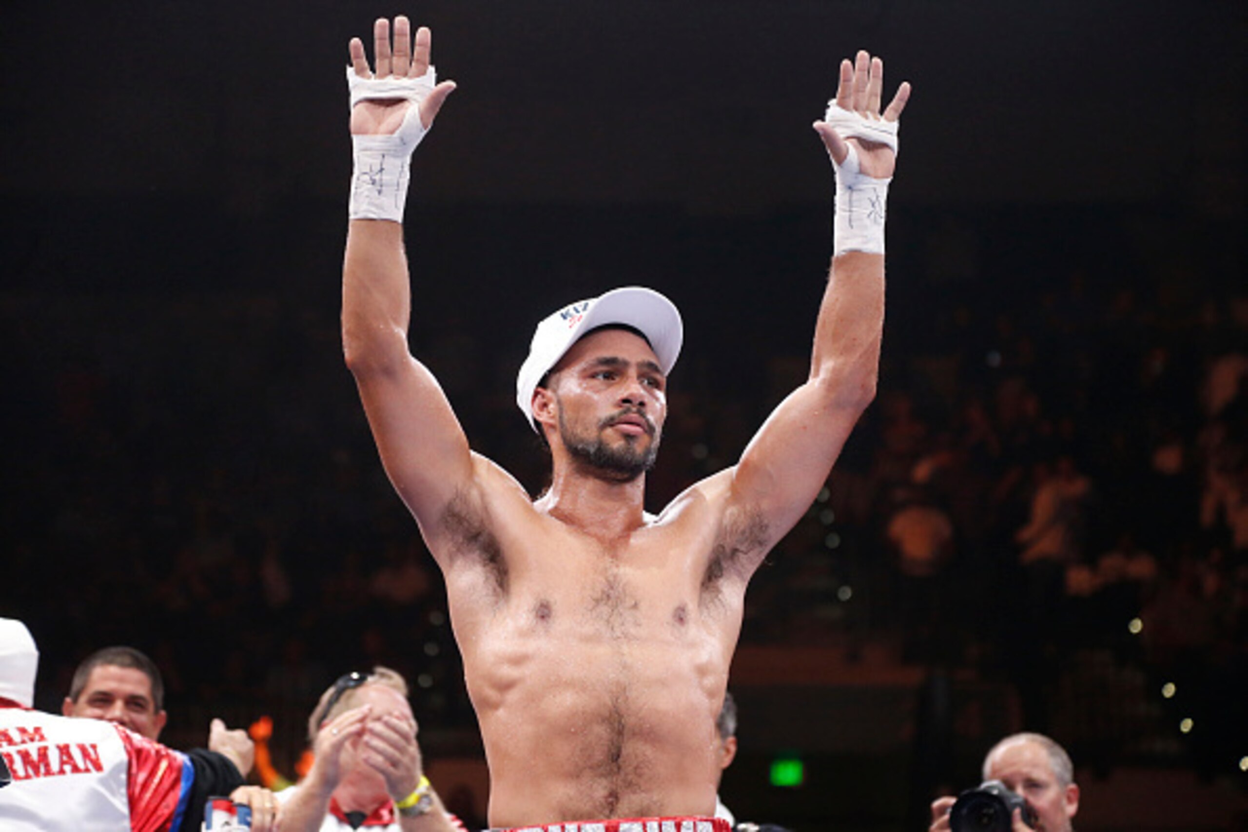 TAMPA, FL - JULY 11:  Keith Thurman celebrates in the ring following a corner stoppage by Luis Collazo during their WBA Welterweight fight on July 11, 2015 at the USF Sun Dome in Tampa, Florida.  (Photo by Brian Blanco/Getty Images)