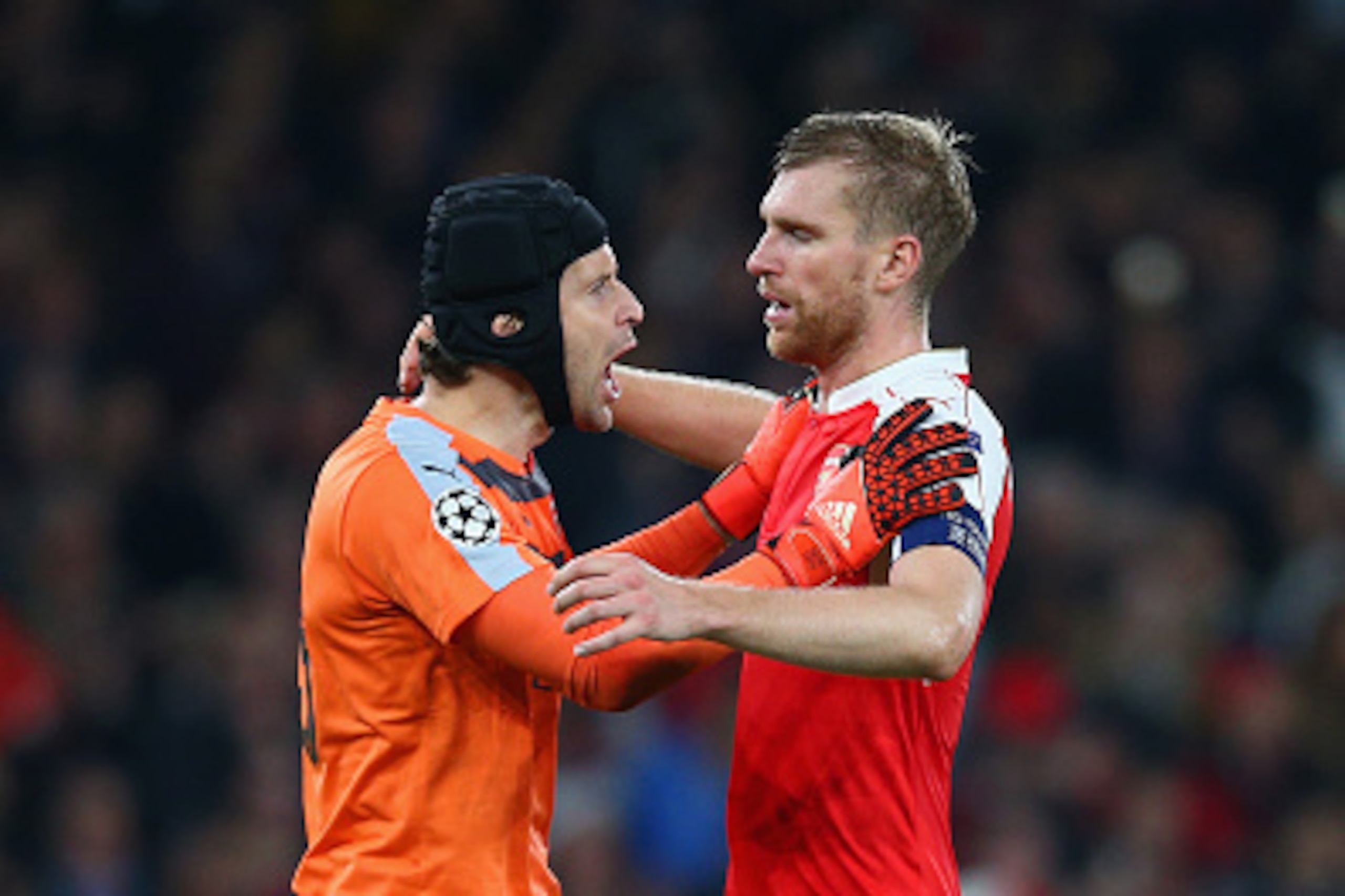 LONDON, ENGLAND - OCTOBER 20:  Petr Cech and Per Mertesacker of Arsenal (R) celebrate victory after the UEFA Champions League Group F match between Arsenal FC and FC Bayern Munchen at Emirates Stadium on October 20, 2015 in London, United Kingdom.  (Photo