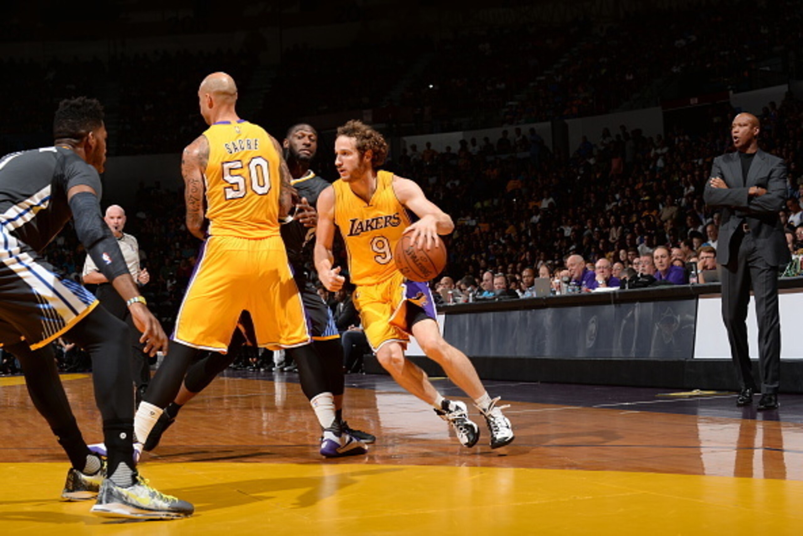 SAN DIEGO, CA - OCTOBER 17:  Marcelo Huertas #9 of the Los Angeles Lakers drives to the basket against the Golden State Warriors during a preseason game on October 17, 2015 at Valley View Casino Center in San Diego, California. NOTE TO USER: User expressl