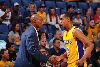 ONTARIO, CA - OCTOBER 8:  Head Coach Byron Scott of the Los Angeles Lakers high fives Jordan Clarkson #6 of the Los Angeles Lakers against the Toronto Raptors during a preseason game on October 8, 2015 at Citizens Business Bank Arena in Ontario, Californi