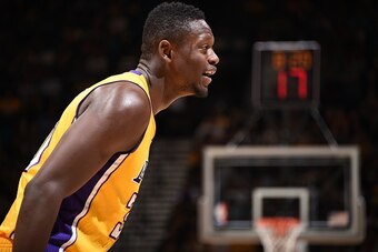 LAS VEGAS, NV - OCTOBER 13:  Julius Randle #30 of the Los Angeles Lakers stands on the court during a preseason game against the Sacramento Kings at MGM Grand Garden Arena on October 13, 2015 in Las Vegas, Nevada. NOTE TO USER: User expressly acknowledges