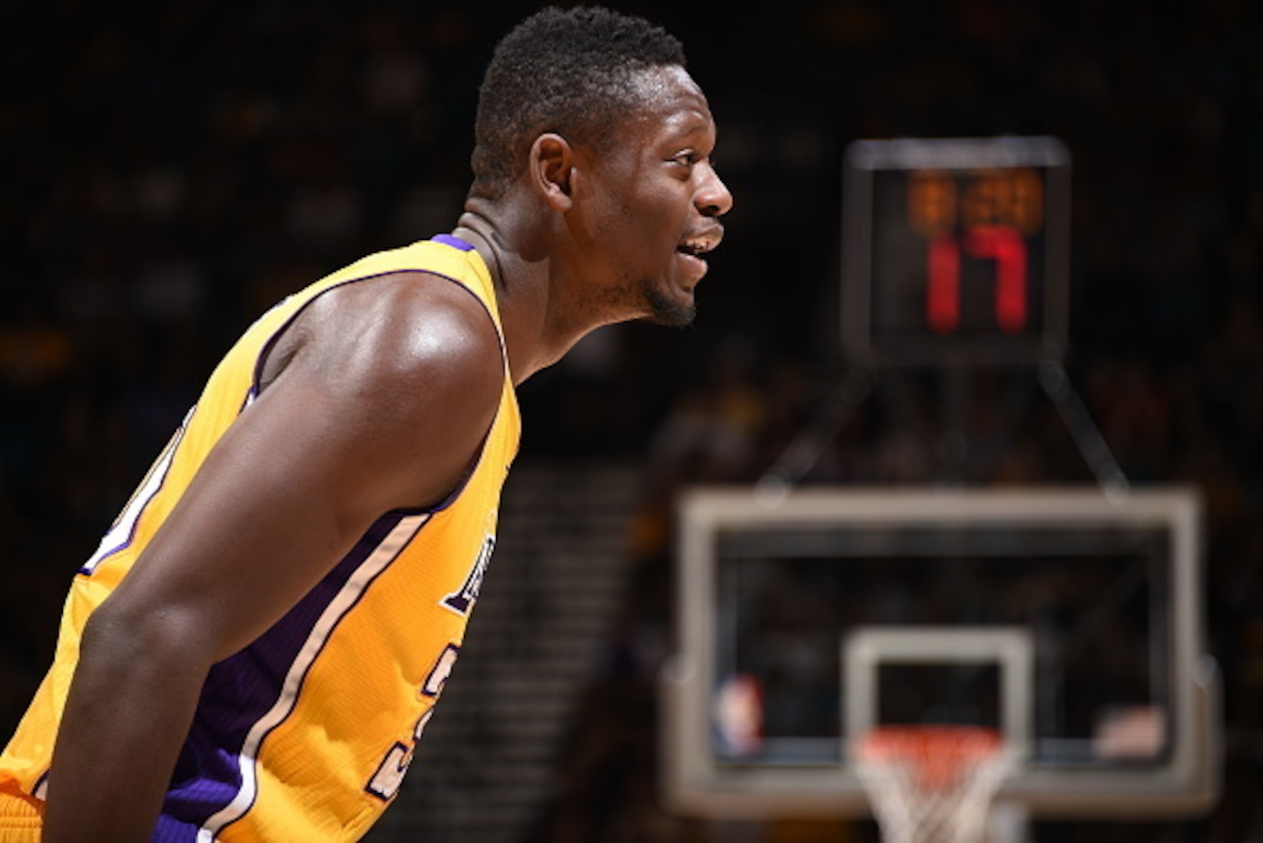 LAS VEGAS, NV - OCTOBER 13:  Julius Randle #30 of the Los Angeles Lakers stands on the court during a preseason game against the Sacramento Kings at MGM Grand Garden Arena on October 13, 2015 in Las Vegas, Nevada. NOTE TO USER: User expressly acknowledges