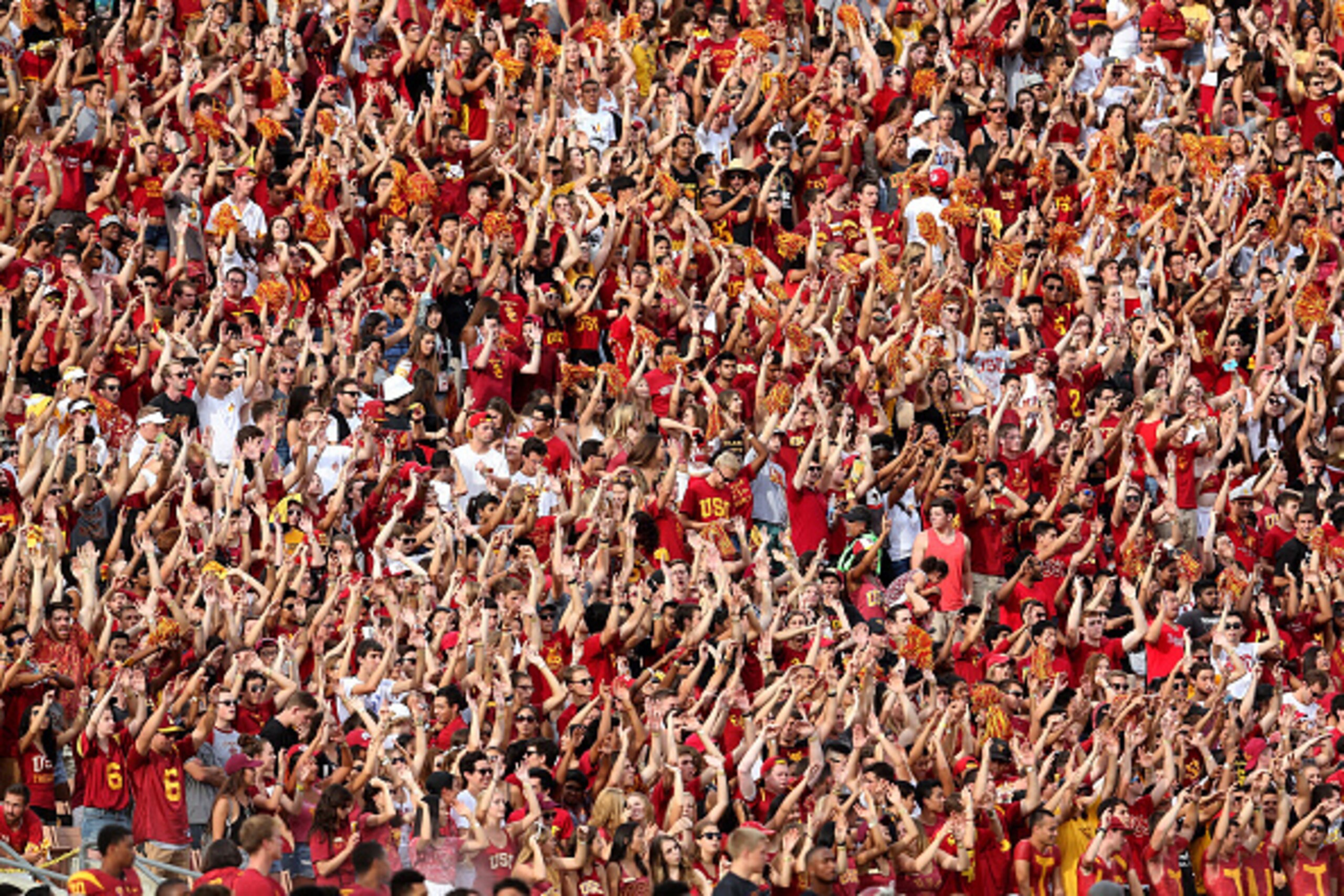 LOS ANGELES, CA - SEPTEMBER 12:   The USC Trojans student section cheers in the game against the Idaho Vandals at Los Angeles Memorial Coliseum on September 12, 2015 in Los Angeles, California. USC won 59-9.  (Photo by Stephen Dunn/Getty Images)