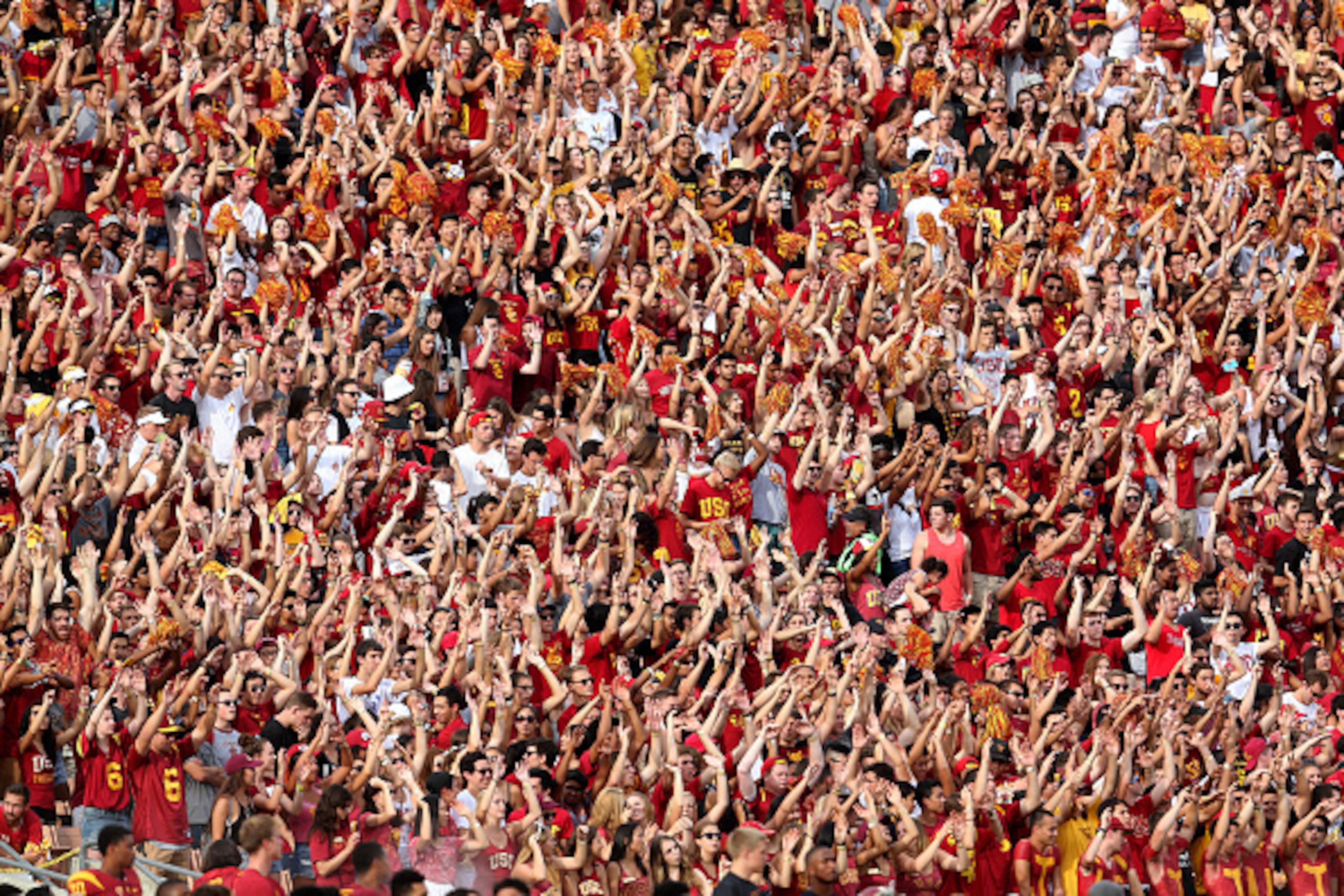 LOS ANGELES, CA - SEPTEMBER 12:   The USC Trojans student section cheers in the game against the Idaho Vandals at Los Angeles Memorial Coliseum on September 12, 2015 in Los Angeles, California. USC won 59-9.  (Photo by Stephen Dunn/Getty Images)