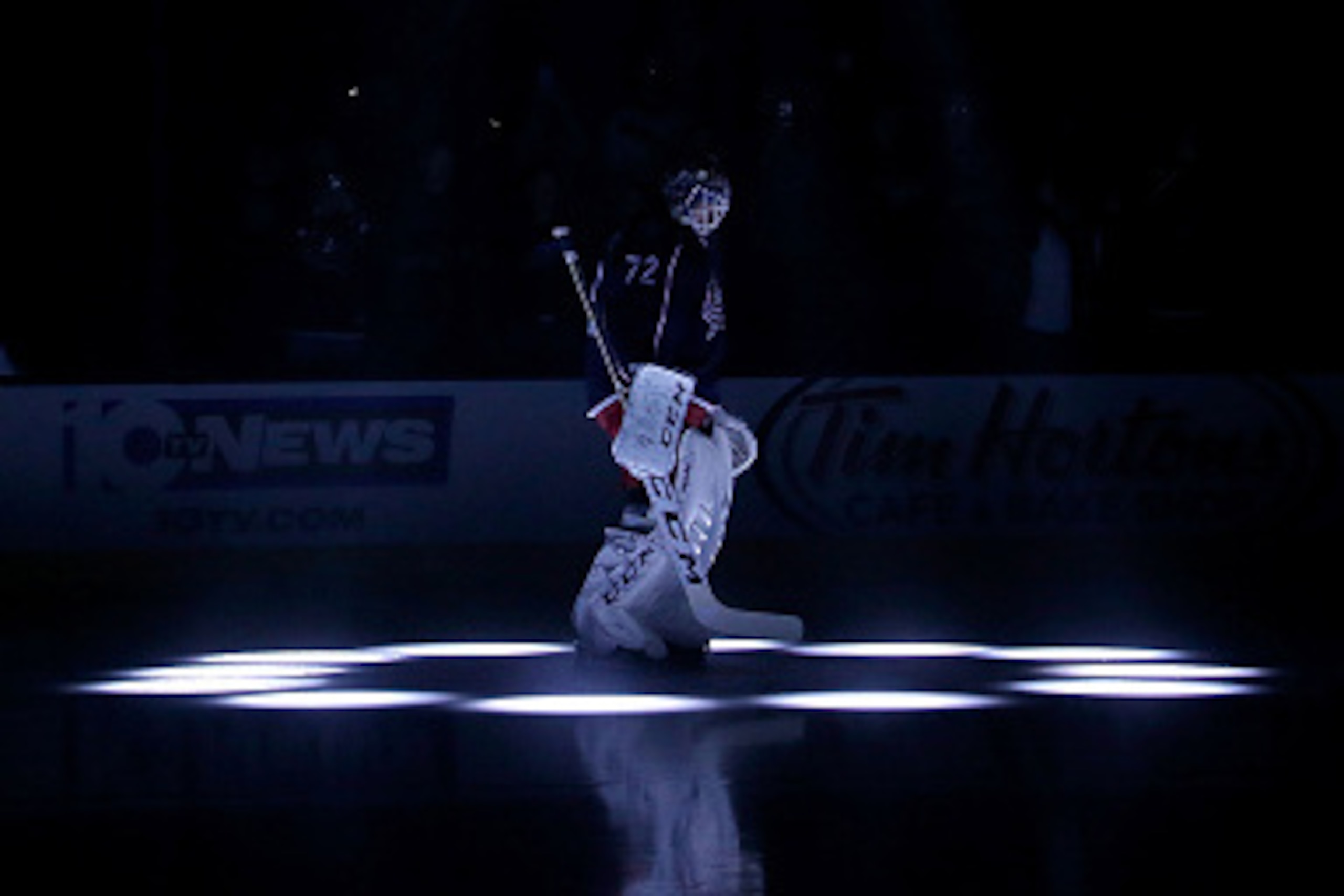 COLUMBUS, OH - OCTOBER 9:  Sergei Bobrovsky #72 of the Columbus Blue Jackets is announced to the crowd prior to the start of the game against the New York Rangers on October 9, 2015 at Nationwide Arena in Columbus, Ohio. (Photo by Kirk Irwin/Getty Images)