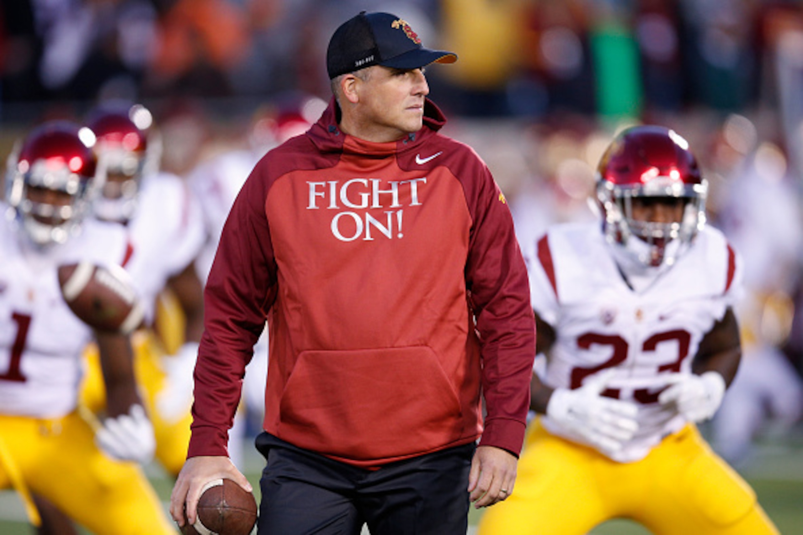 SOUTH BEND, IN - OCTOBER 17: Interim head coach Clay Helton of the USC Trojans gets his team ready before the game against the Notre Dame Fighting Irish at Notre Dame Stadium on October 17, 2015 in South Bend, Indiana. (Photo by Joe Robbins/Getty Images)