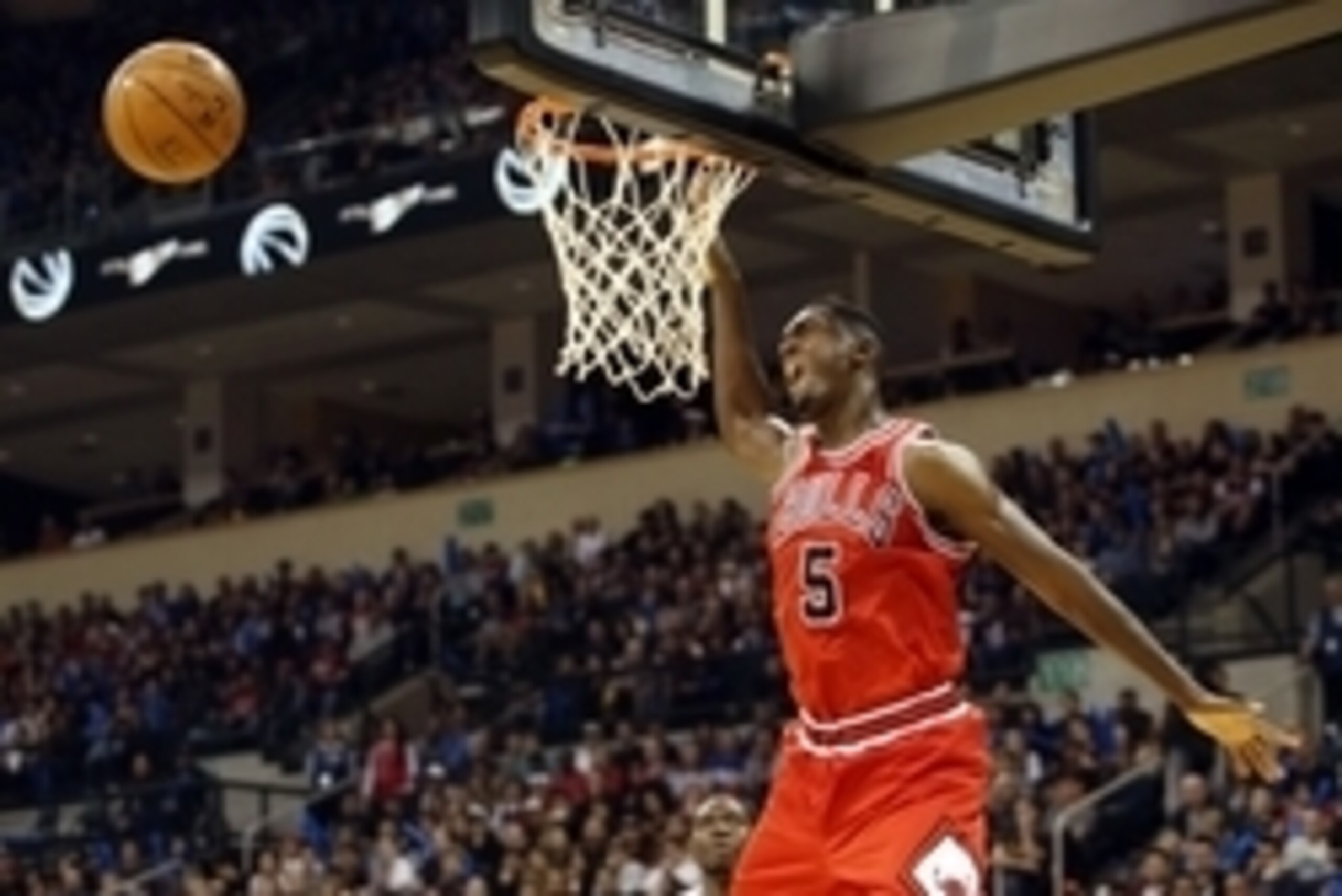Oct 10, 2015; Winnipeg, Manitoba, CAN; Chicago Bulls forward Bobby Portis (5) looks to slam dunk the ball during the fourth quarter against the Minnesota Timberwolves at MTS Center. Mandatory Credit: Bruce Fedyck-USA TODAY Sports
