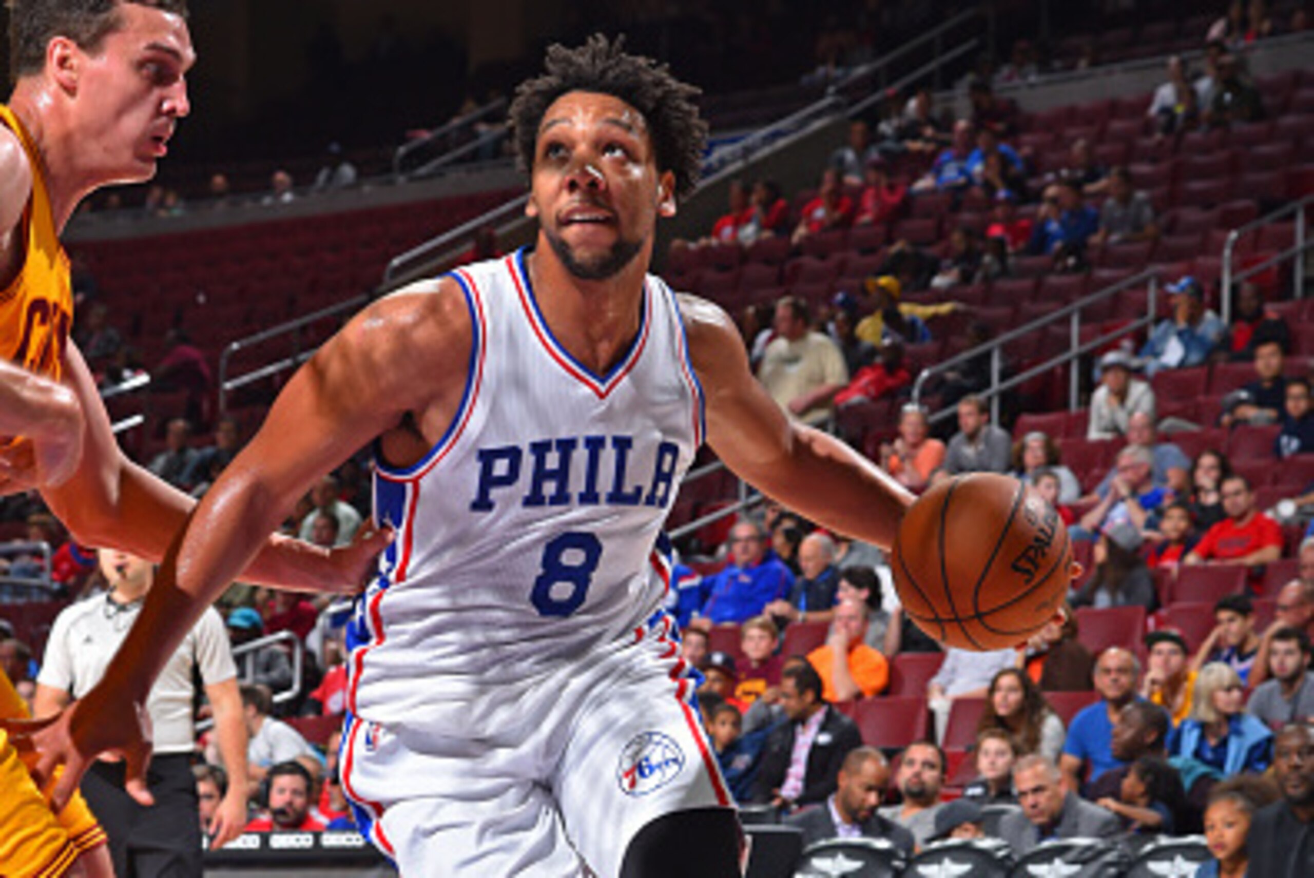 PHILADELPHIA,PA - OCTOBER 8 :  Jahlil Okafor #8 of the Philadelphia 76ers drives baseline against the Cleveland Cavaliers during a pre-season game at the Wells Fargo Center on October 8, 2015 in Philadelphia, Pennsylvania - NOTE TO USER: User expressly ac