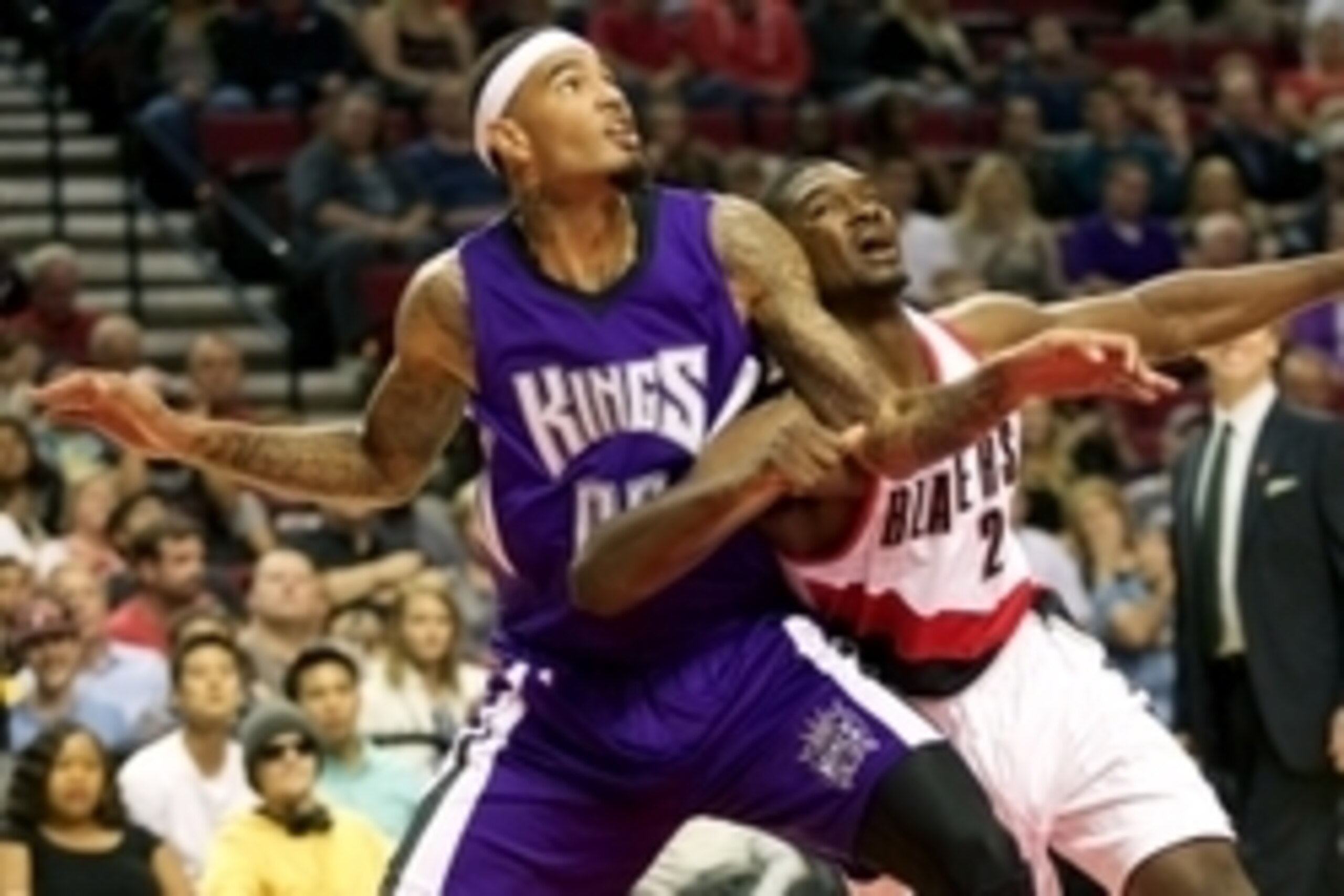 Oct 5, 2015; Portland, OR, USA; Sacramento Kings center Willie Cauley-Stein (00) and Portland Trail Blazers forward Noah Vonleh (21) battle for a rebound after a free throw at Moda Center at the Rose Quarter. Mandatory Credit: Jaime Valdez-USA TODAY Sport