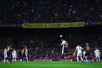 BARCELONA, SPAIN - MARCH 22:  A banner that it reads 'Prou atacs a l'esport  a Catalunya' (Stop attacks to sport in Catalonia) is displayed during the La Liga match Between FC Barcelona and Real Madrid CF at Camp Nou on March 22, 2015 in Barcelona, Spain.