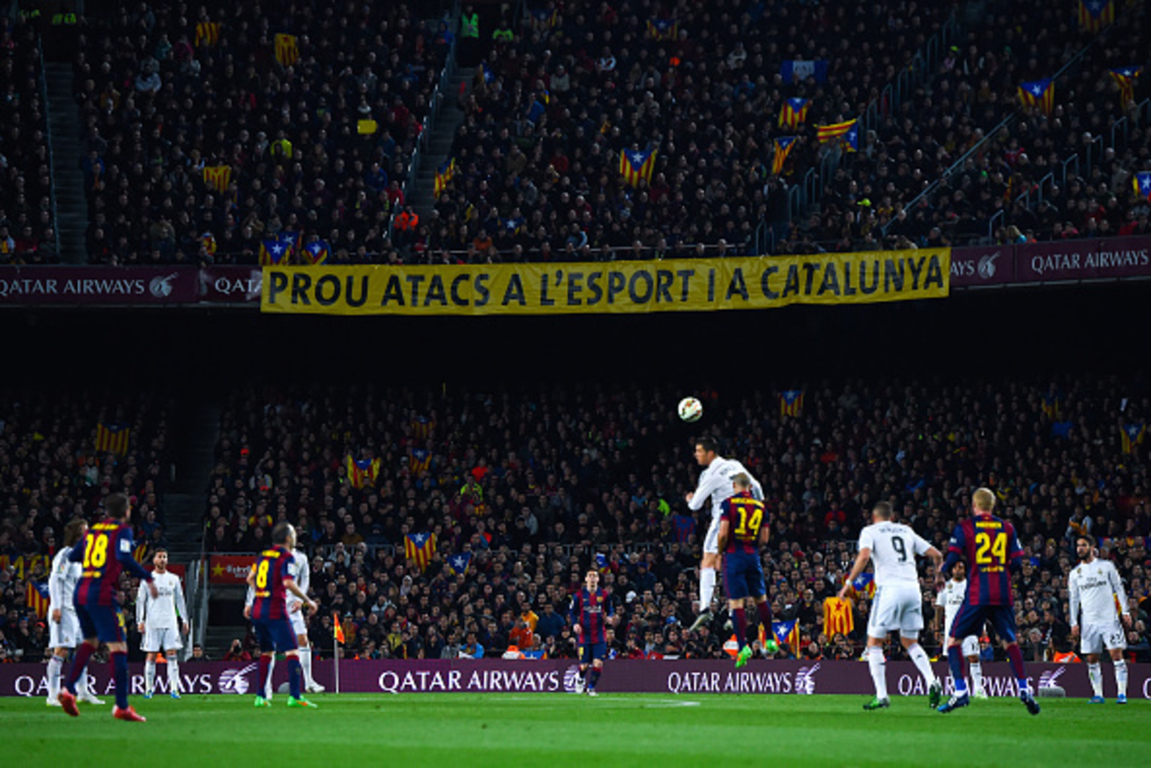 BARCELONA, SPAIN - MARCH 22: A banner that it reads 'Prou atacs a l'esport a Catalunya' (Stop attacks to sport in Catalonia) is displayed during the La Liga match Between FC Barcelona and Real Madrid CF at Camp Nou on March 22, 2015 in Barcelona, Spain. BARCELONA, SPAIN - MARCH 22: A banner that it reads 'Prou atacs a l'esport a Catalunya' (Stop attacks to sport in Catalonia) is displayed during the La Liga match Between FC Barcelona and Real Madrid CF at Camp Nou on March 22, 2015 in Barcelona, Spain.