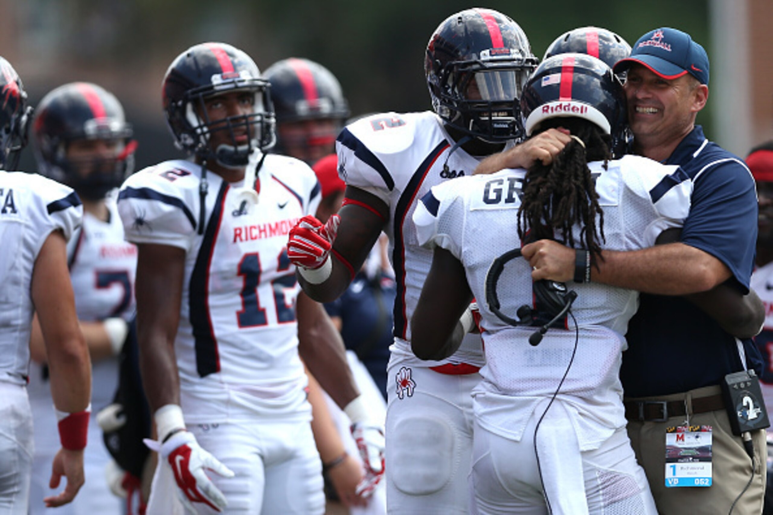 COLLEGE PARK, MD - SEPTEMBER 05: Running back Jacobi Green #1 of the Richmond Spiders celebrates after scoring a touchdown against the Maryland Terrapins in the second quarter at Byrd Stadium on September 5, 2015 in College Park, Maryland. (Photo by Patri