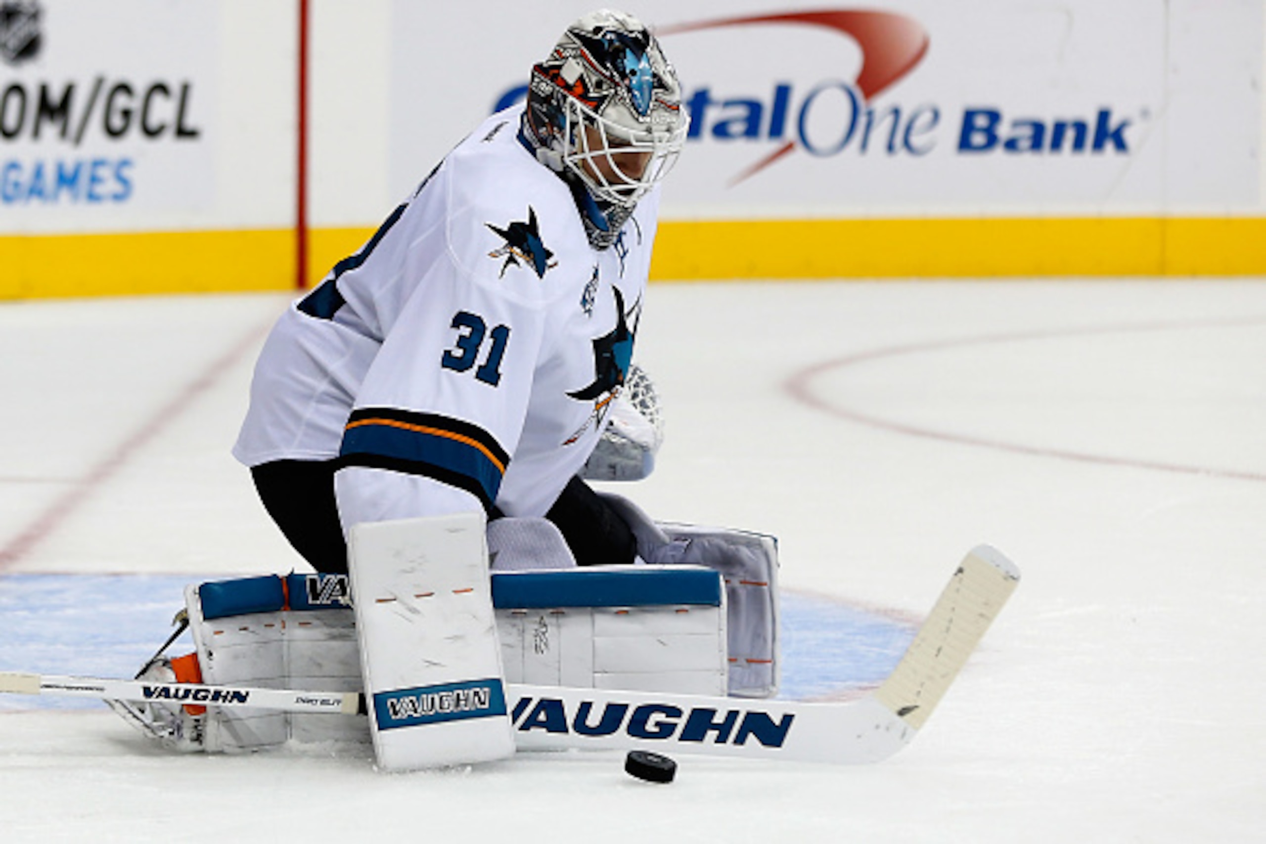 WASHINGTON, DC - OCTOBER 13: Goalie Martin Jones #31 of the San Jose Sharks deflects a shot in the second period against the Washington Capitals at Verizon Center on October 13, 2015 in Washington, DC. (Photo by Rob Carr/Getty Images) WASHINGTON, DC - OCTOBER 13: Goalie Martin Jones #31 of the San Jose Sharks deflects a shot in the second period against the Washington Capitals at Verizon Center on October 13, 2015 in Washington, DC. (Photo by Rob Carr/Getty Images)