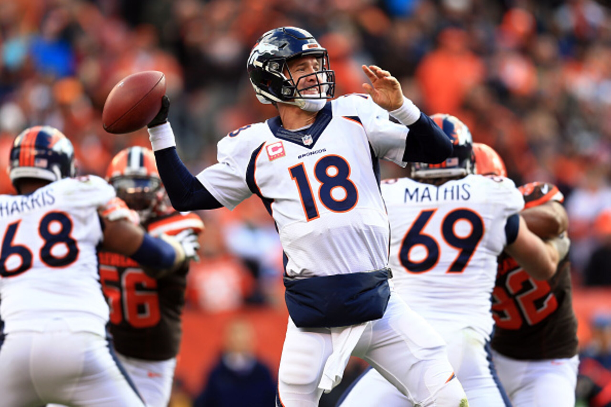 CLEVELAND, OH - OCTOBER 18: quarterback Peyton Manning #18 of the Denver Broncos throws a pass during the third quarter against the Cleveland Browns at Cleveland Browns Stadium on October 18, 2015 in Cleveland, Ohio. Broncos defeated Browns 26-23.  (Photo