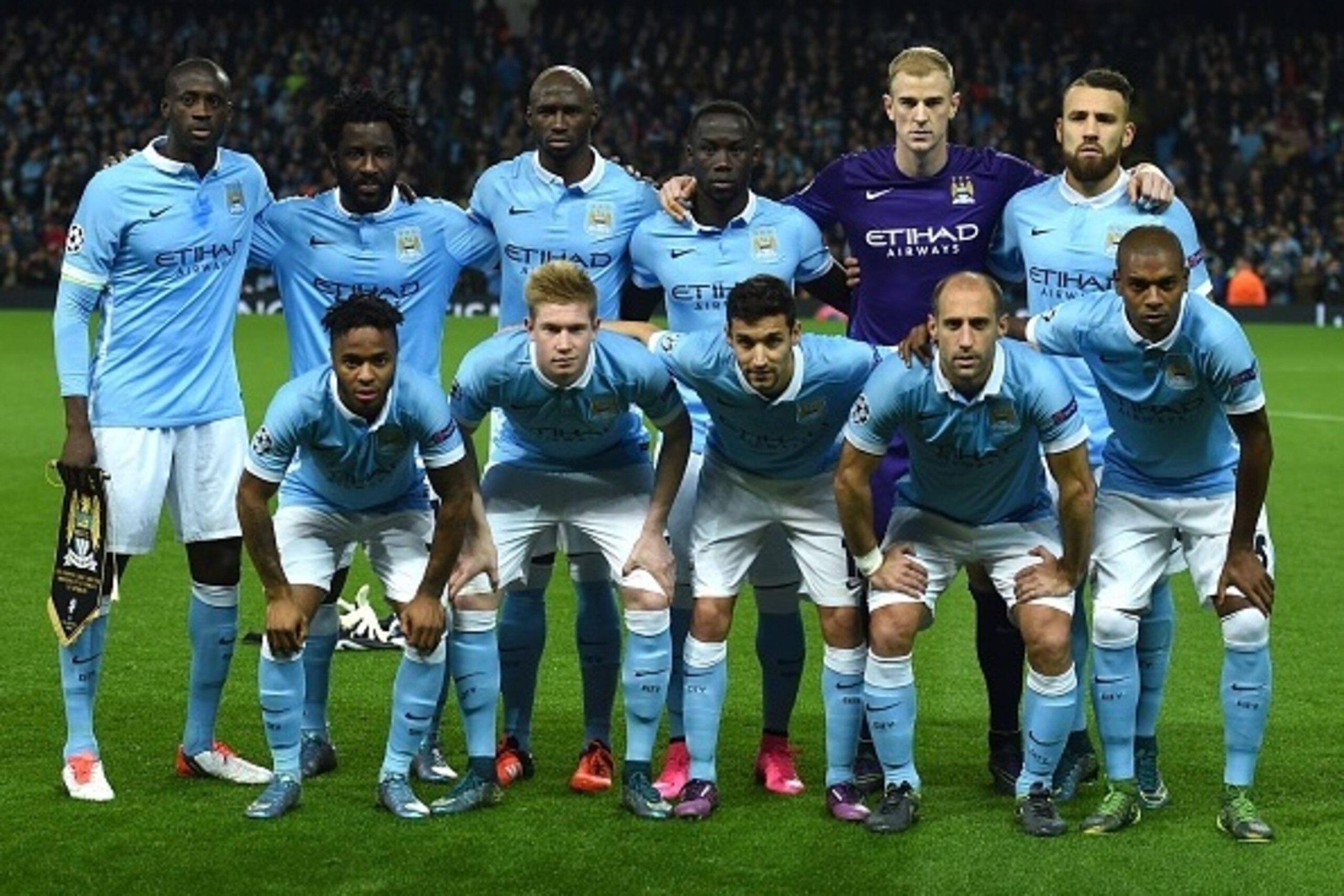 (top L-R) Manchester City's Ivorian midfielder and captain Yaya Toure, Manchester City's Ivorian striker Wilfried Bony, Manchester City's French defender Eliaquim Mangala, Manchester City's French defender Bacary Sagna, Manchester City's English goalkeepe