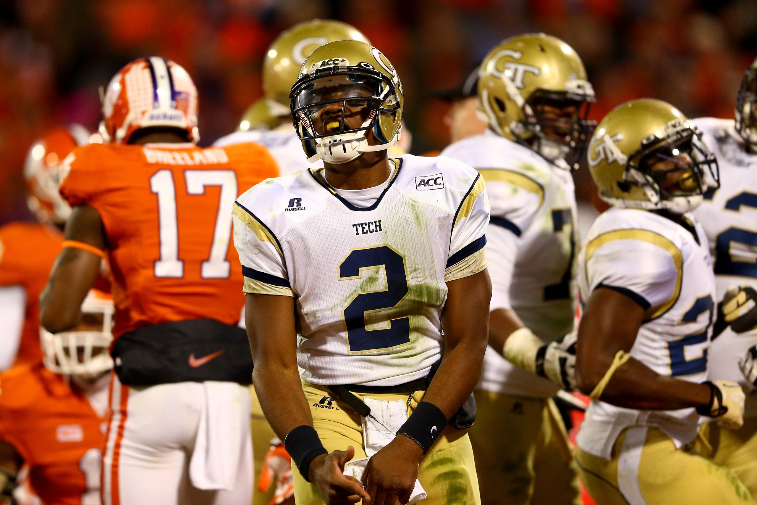 CLEMSON, SC - NOVEMBER 14:  Vad Lee #2 of the Georgia Tech Yellow Jackets celebrates after his teammate scores a touchdown during their game against the Clemson Tigers at Clemson Memorial Stadium on November 14, 2013 in Clemson, South Carolina.  (Photo by