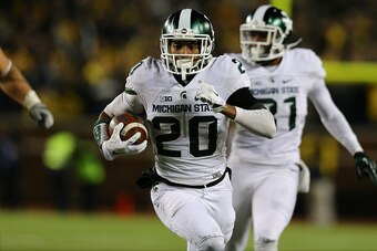 ANN ARBOR, MI - OCTOBER 17: Jalen Watts-Jackson #20 of the Michigan State Spartans scored the game winning touchdown against the Michigan Wolverines during the final seconds of college football game at at Michigan Stadium on October 17, 2015 in East Lansi