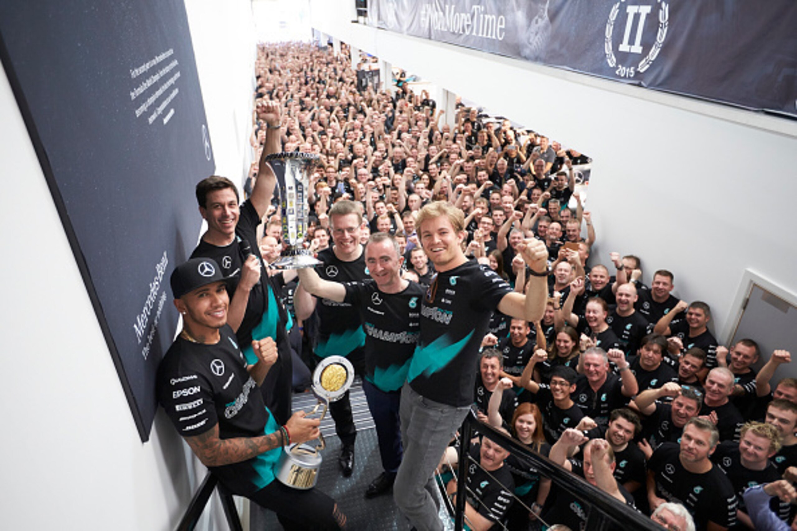 BRACKLEY, ENGLAND - OCTOBER 12: (L-R) Driver Lewis Hamilton, Head of Mercedes-Benz Motorsport Toto Wolff, Managing Director, Mercedes AMG High Performance Powertrains Andy Cowell, Mercedes Executive Director (Technical) Paddy Lowe and driver Nico Rosberg 