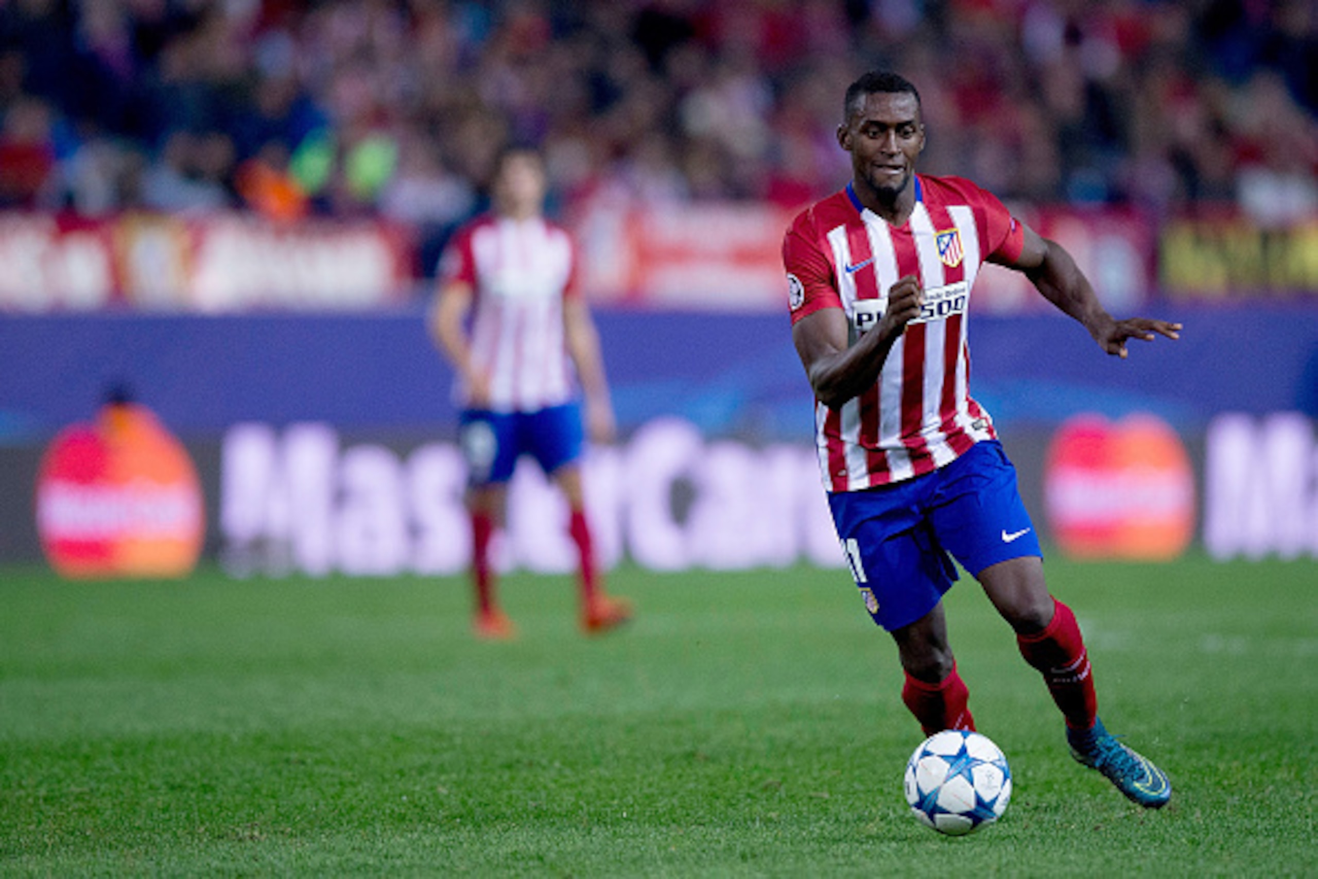 MADRID, SPAIN - OCTOBER 21:  Jackson Arley Martinez  of Atletico de Madrid controls the ball during the UEFA Champions League Group C match between Club Atletico de Madrid and FC Astana at Vicente Calderon stadium on October 21, 2015 in Madrid, Spain.  (P