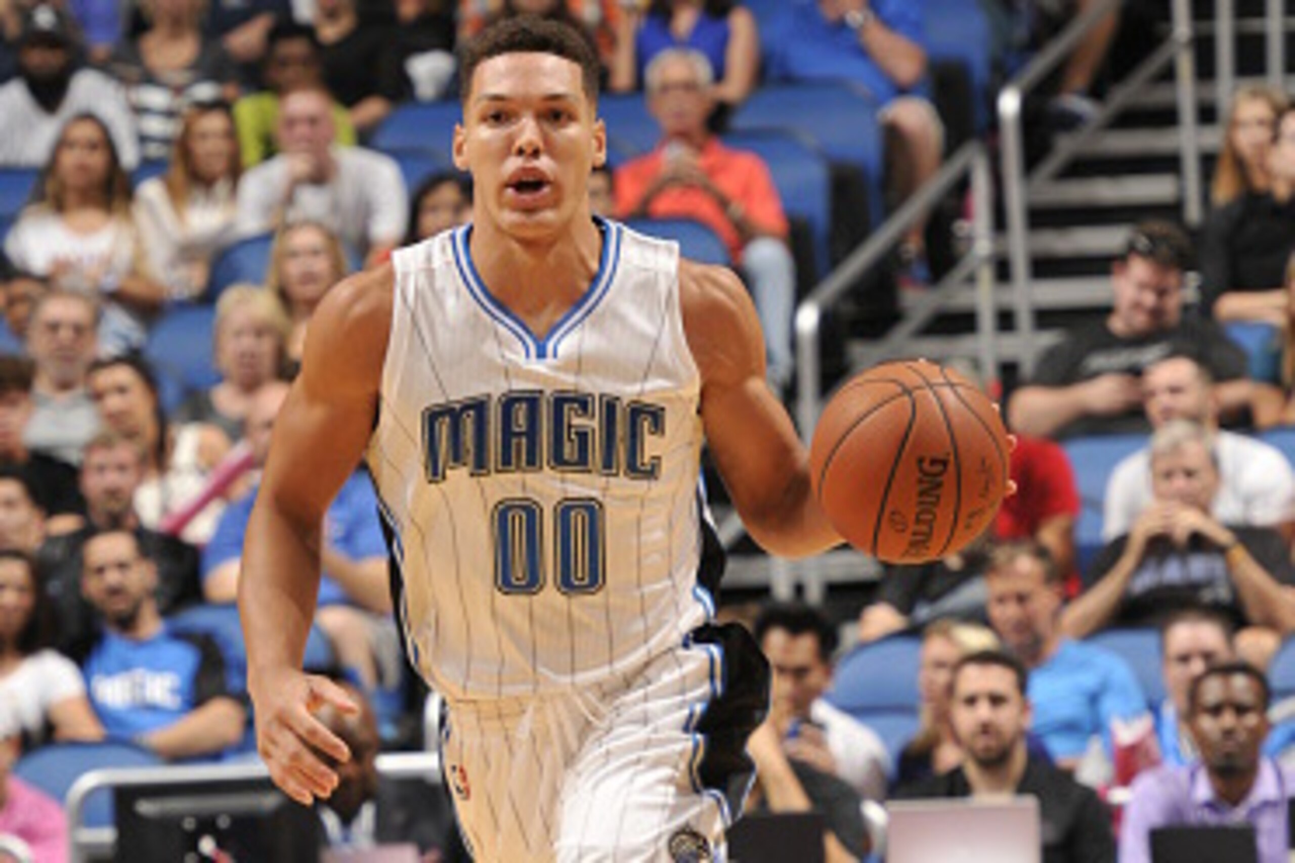 ORLANDO, FL - OCTOBER 13: Aaron Gordon #00 of the Orlando Magic drives to the basket against the Miami Heat during a preseason game on October 13, 2015 at Amway Center in Orlando, Florida. NOTE TO USER: User expressly acknowledges and agrees that, by down