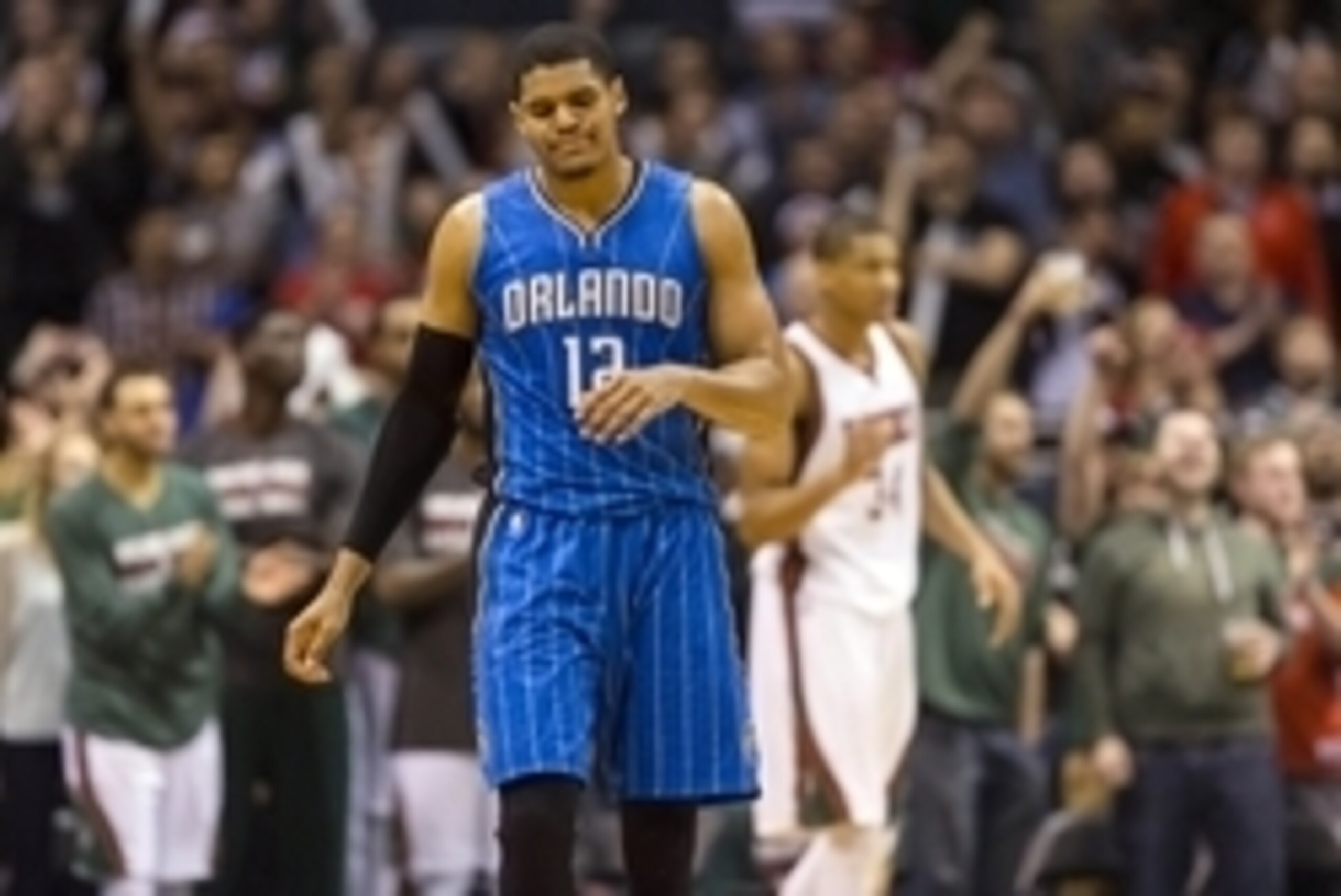 Mar 11, 2015; Milwaukee, WI, USA; Orlando Magic forward Tobias Harris (12) reacts after missing a shot late in the fourth quarter against the Milwaukee Bucks at BMO Harris Bradley Center.  Milwaukee won 97-91.  Mandatory Credit: Jeff Hanisch-USA TODAY Spo