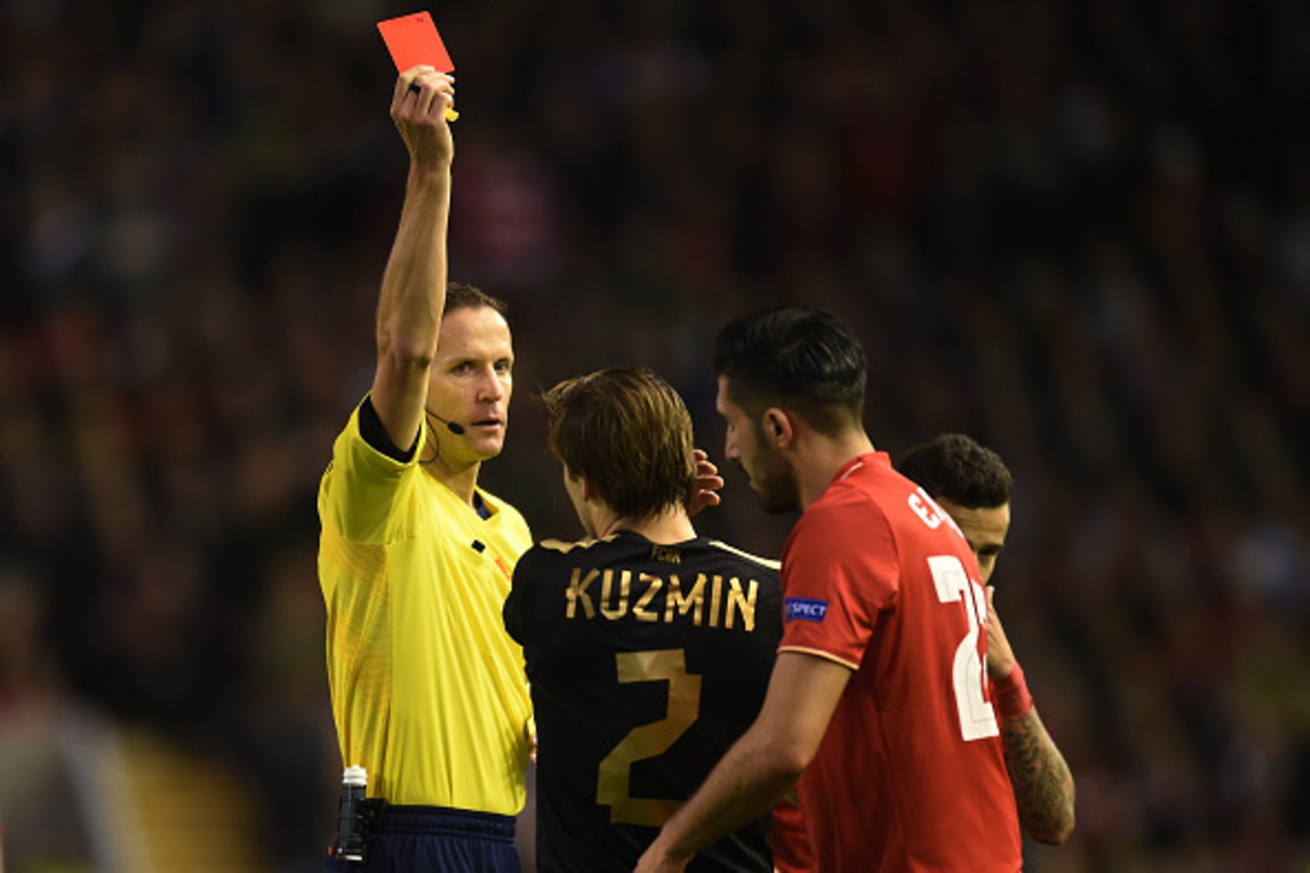 LIVERPOOL, ENGLAND - OCTOBER 22:  Oleg Kuzmin of Rubin Kazan is sent off by referee Robert Schorgenhofer of Austria after his second bookable offence during the UEFA Europa League Group B match between Liverpool FC and Rubin Kazan at Anfield on October 22