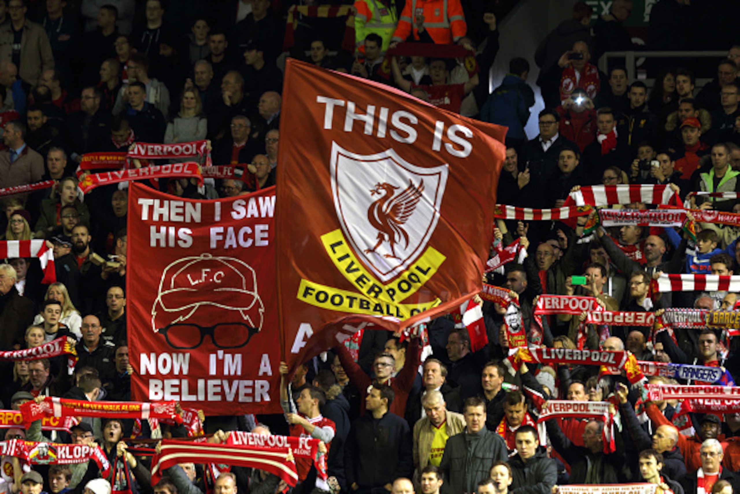 LIVERPOOL, ENGLAND - OCTOBER 22:  Liverpool fans celebrate Jurgen Klopp by holding up a banner prior to the UEFA Europa League match between Liverpool and Rubin Kazan at Anfield on October 22, 2015 in Liverpool, United Kingdom.  (Photo by Matthew Ashton -