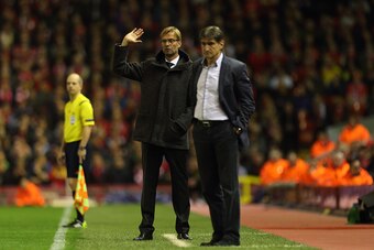 LIVERPOOL, ENGLAND - OCTOBER 22:  Jurgen Klopp the head coach / manager of Liverpool on the sidelines during the UEFA Europa League match between Liverpool and Rubin Kazan at Anfield on October 22, 2015 in Liverpool, United Kingdom.  (Photo by Matthew Ash