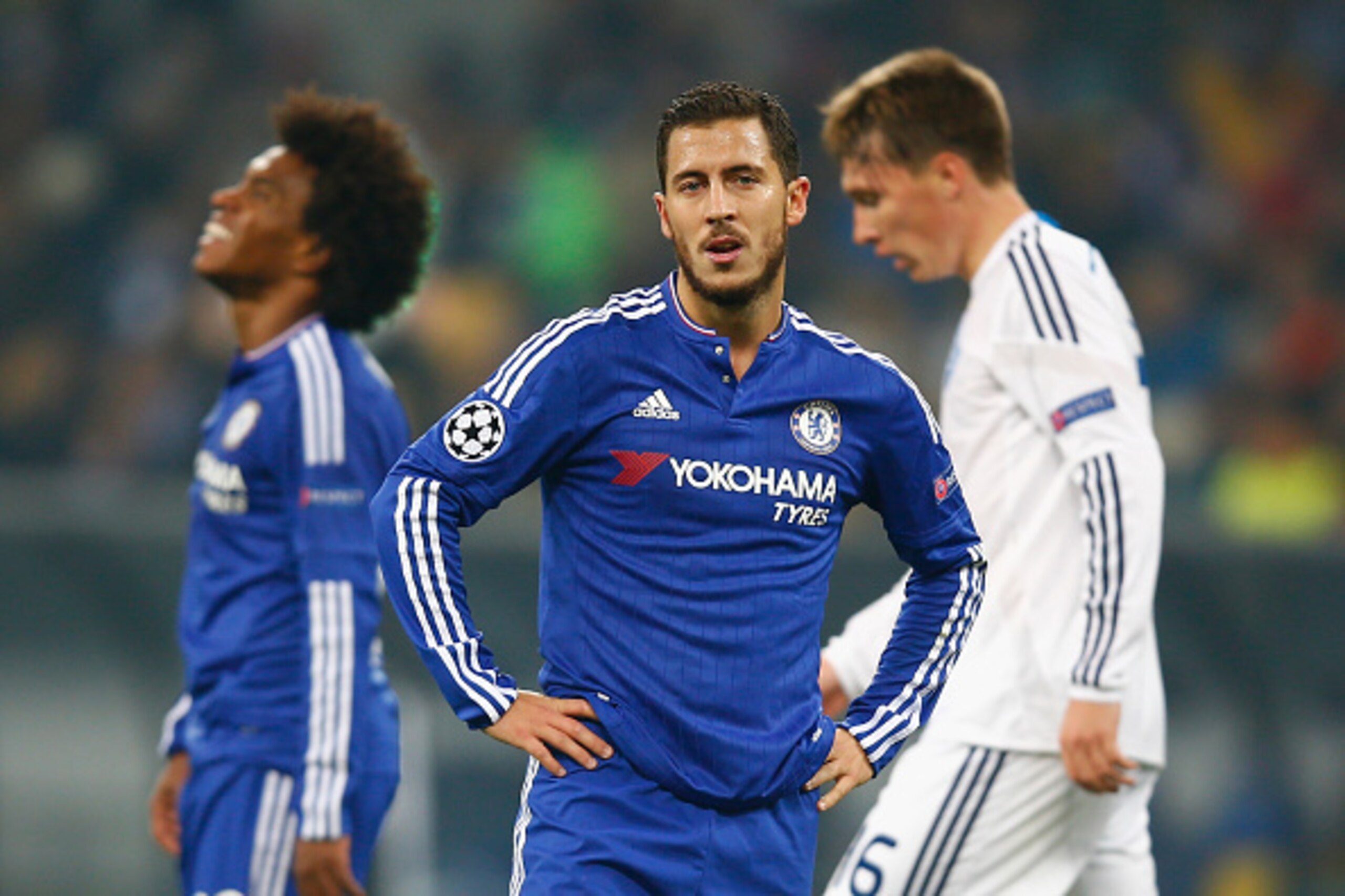 KIEV, UKRAINE - OCTOBER 20:  Eden Hazard of Chelsea looks on during the UEFA Champions League Group G match between FC Dynamo Kyiv and Chelsea at the Olympic Stadium on October 20, 2015 in Kiev, Ukraine.  (Photo by Clive Rose/Getty Images)
