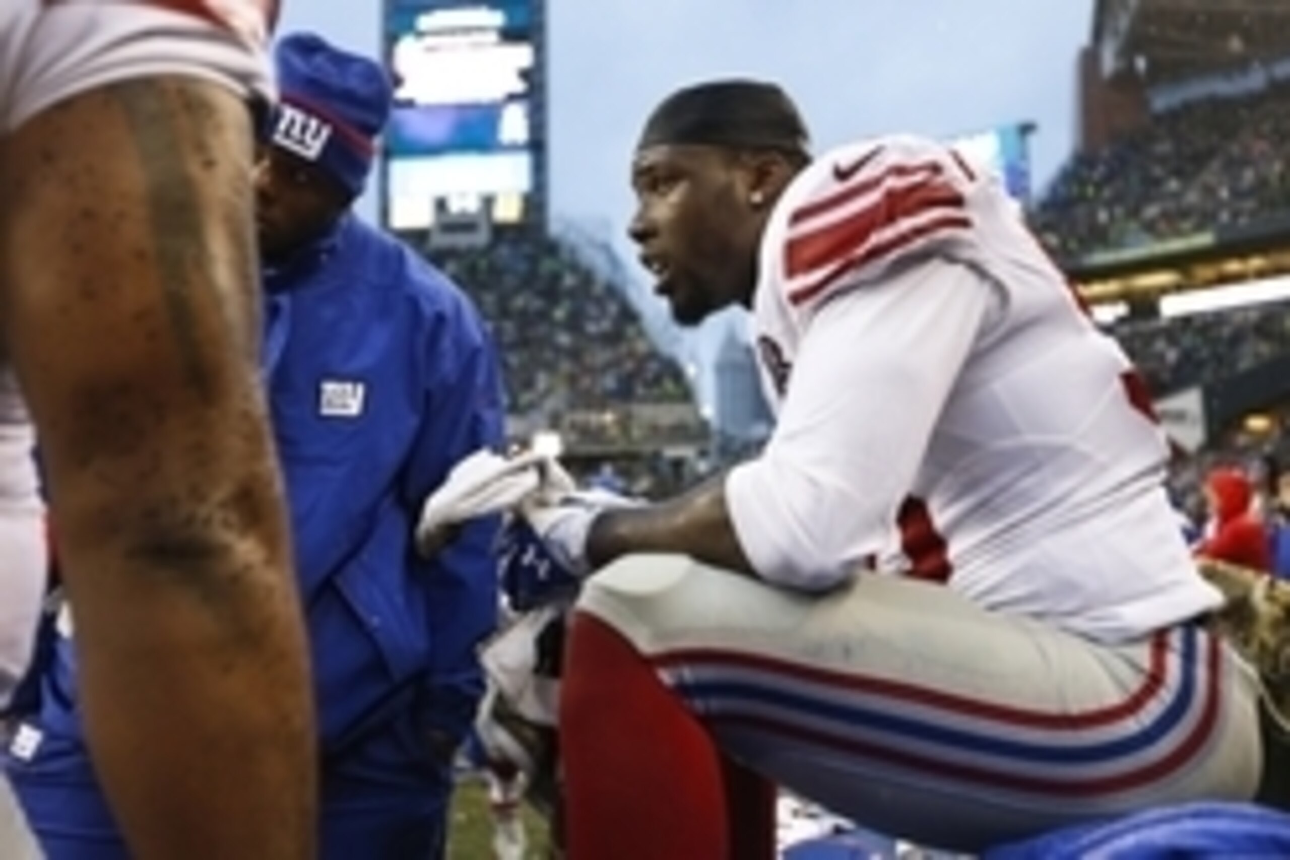 Nov 9, 2014; Seattle, WA, USA; New York Giants defensive end Jason Pierre-Paul (90) sits on the bench during the fourth quarter against the Seattle Seahawks at CenturyLink Field. Mandatory Credit: Joe Nicholson-USA TODAY Sports