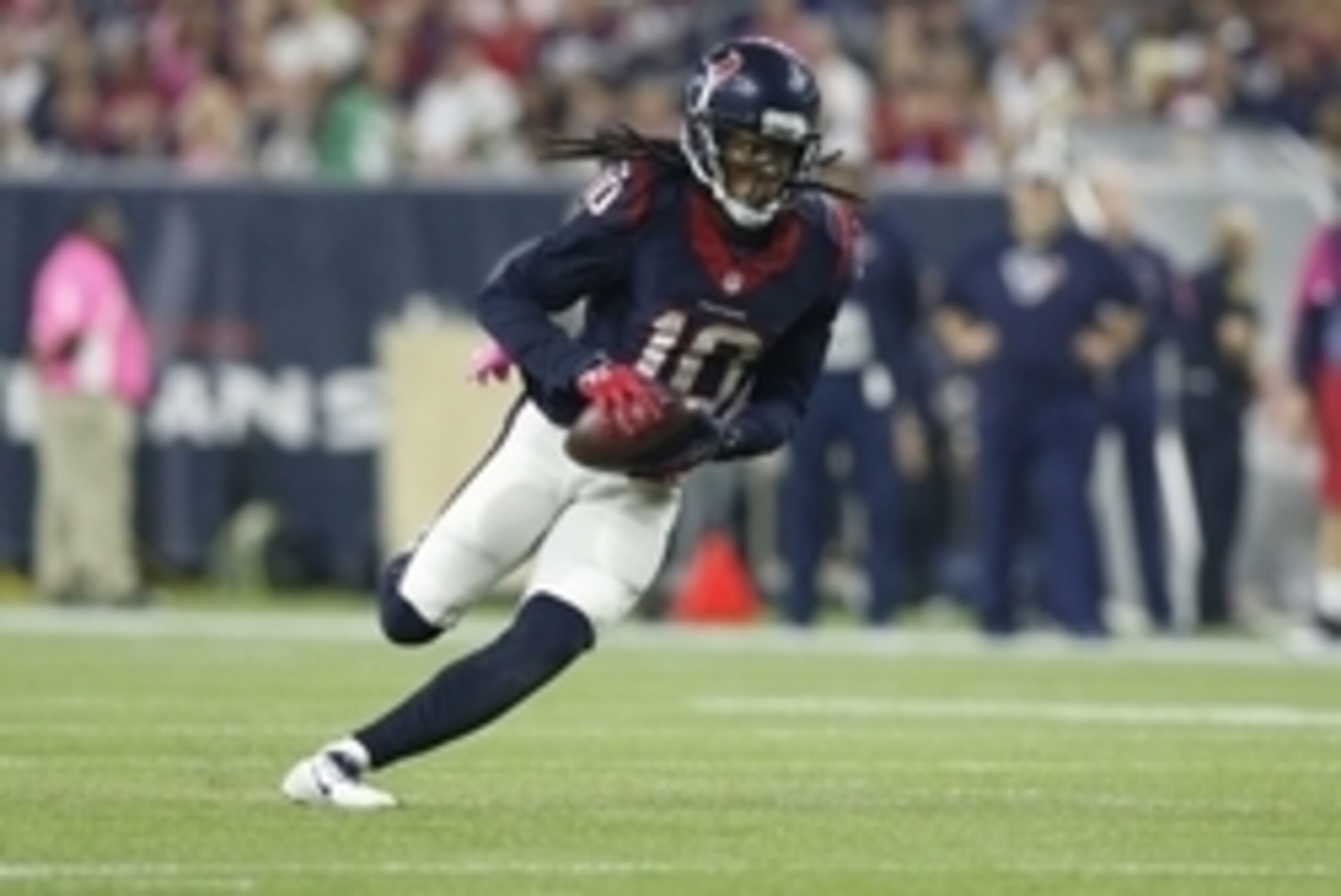 Oct 8, 2015; Houston, TX, USA; Houston Texans receiver DeAndre Hopkins (10) runs after a reception against Indianapolis Colts at NRG Stadium. Mandatory Credit: Matthew Emmons-USA TODAY Sports