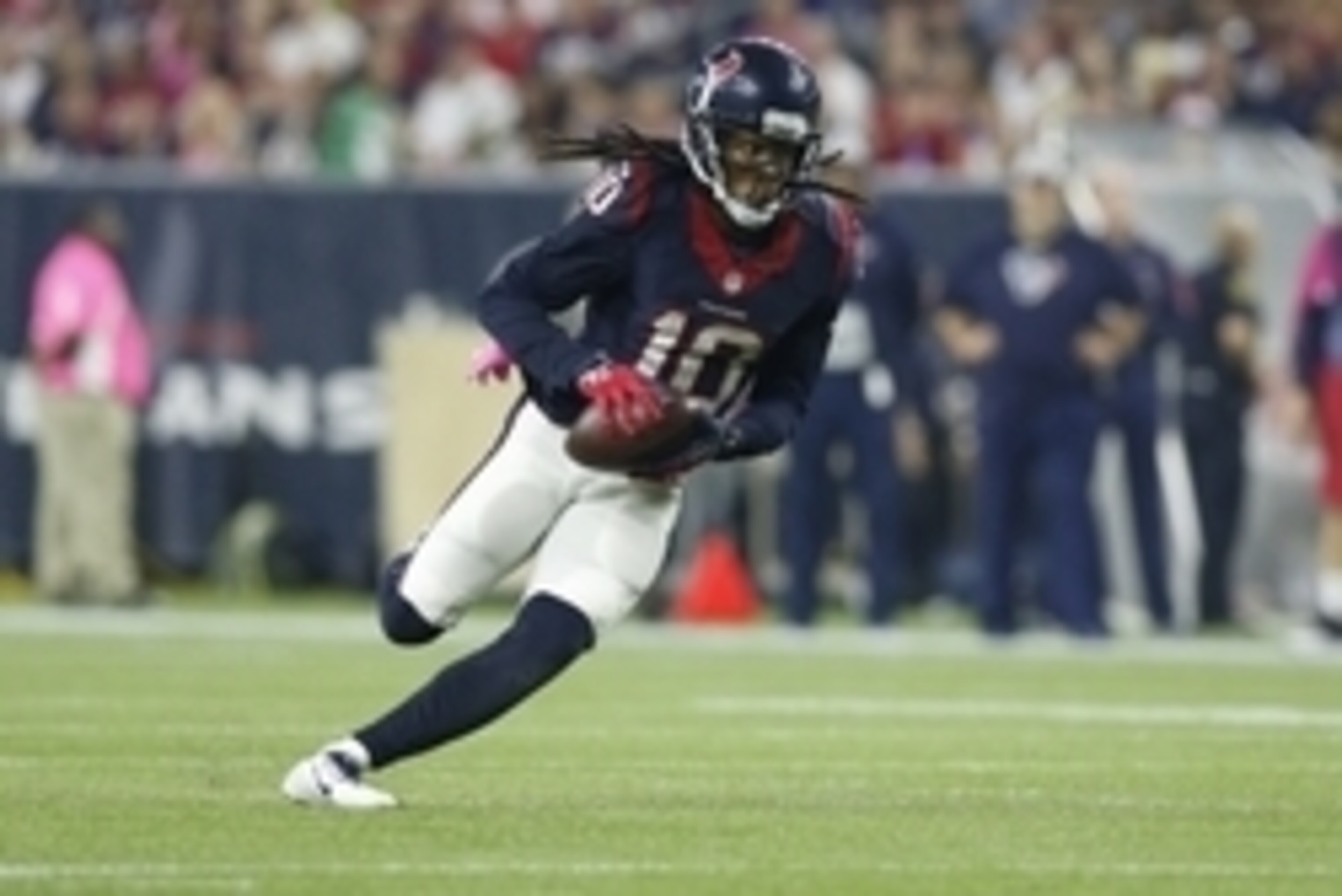 Oct 8, 2015; Houston, TX, USA; Houston Texans receiver DeAndre Hopkins (10) runs after a reception against Indianapolis Colts at NRG Stadium. Mandatory Credit: Matthew Emmons-USA TODAY Sports