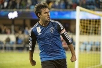 September 16, 2015; San Jose, CA, USA; San Jose Earthquakes forward Chris Wondolowski (8) celebrates after scoring a goal against Montreal Impact goalkeeper Eric Kronberg (22, not pictured) during the first half at Avaya Stadium. Mandatory Credit: Kyle Te