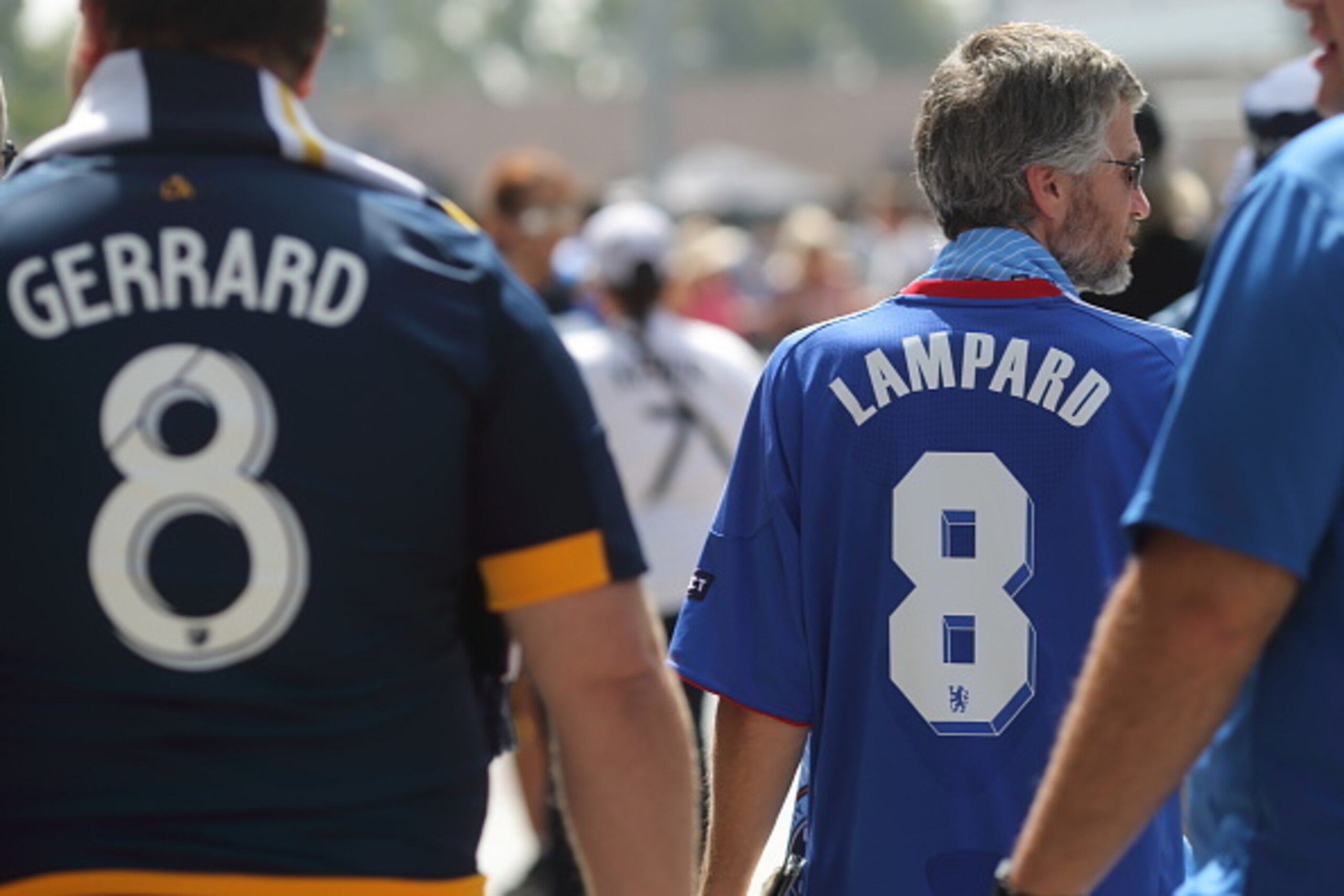 LOS ANGELES, CA - AUGUST 23:  Fans arrive for the game wearing shirts of  #8 Steven Gerrard of LA Galaxy and #8 Frank Lampard of New York City FC before the MLS match between Los Angeles Galaxy and New York City FC at StubHub Center on August 23, 2015 in 