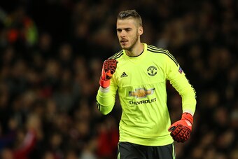 MANCHESTER, ENGLAND - SEPTEMBER 30:  David De Gea of Manchester United celebrates his teams first goal during the UEFA Champions League match between Manchester United and Wolfsburg at Old Trafford on September 30, 2015 in Manchester, United Kingdom.  (Ph