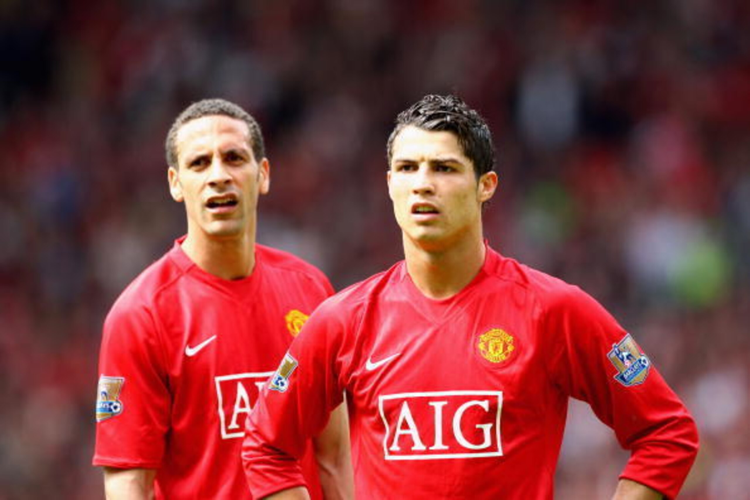 MANCHESTER, UNITED KINGDOM - MAY 03:  Cristiano Ronaldo (R) of Manchester United and team mate Rio Ferdinand react to Nani's sending off during the Barclays Premier League match between Manchester United and West Ham United at Old Trafford on May 3, 2008 