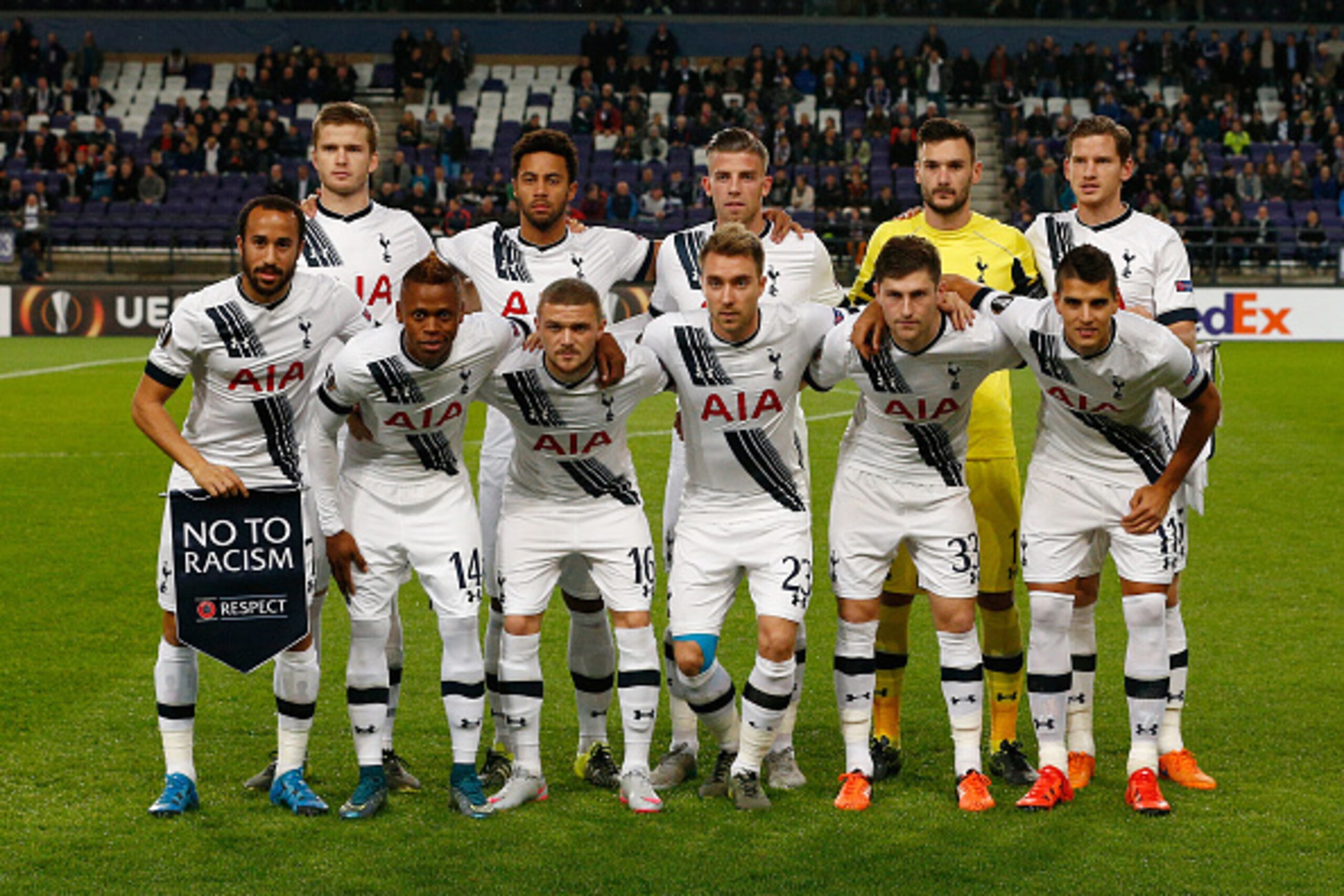 BRUSSELS, BELGIUM - OCTOBER 22:  The Spurs players pose for the cameras prior to kickoff during the UEFA Europa League Group J match between RSC Anderlecht and Tottenham Hotspur FC at the Constant Vanden Stock Stadium on October 22, 2015 in Brussels, Belg
