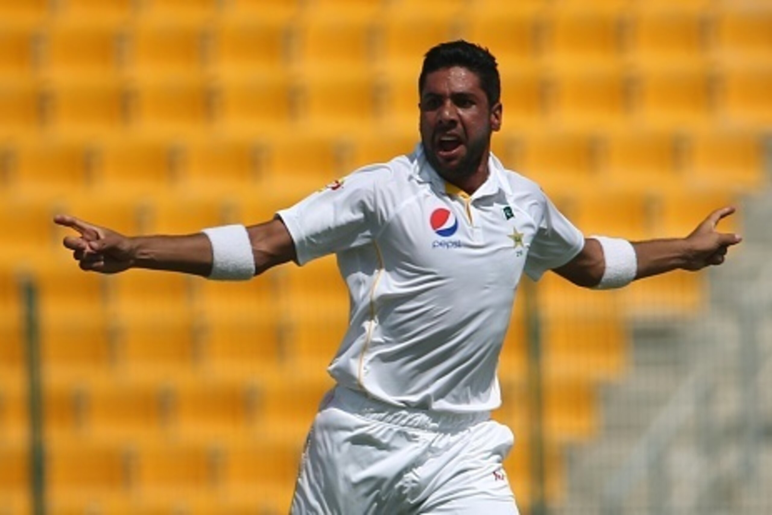 Pakistan's Imran Khan celebrates after dismissing England's Moeen Ali during the third day's play of the first cricket Test match between Pakistan and England at The Sheikh Zayed International Cricket Stadium in Abu Dhabi on October 15, 2015. AFP PHOTO / 