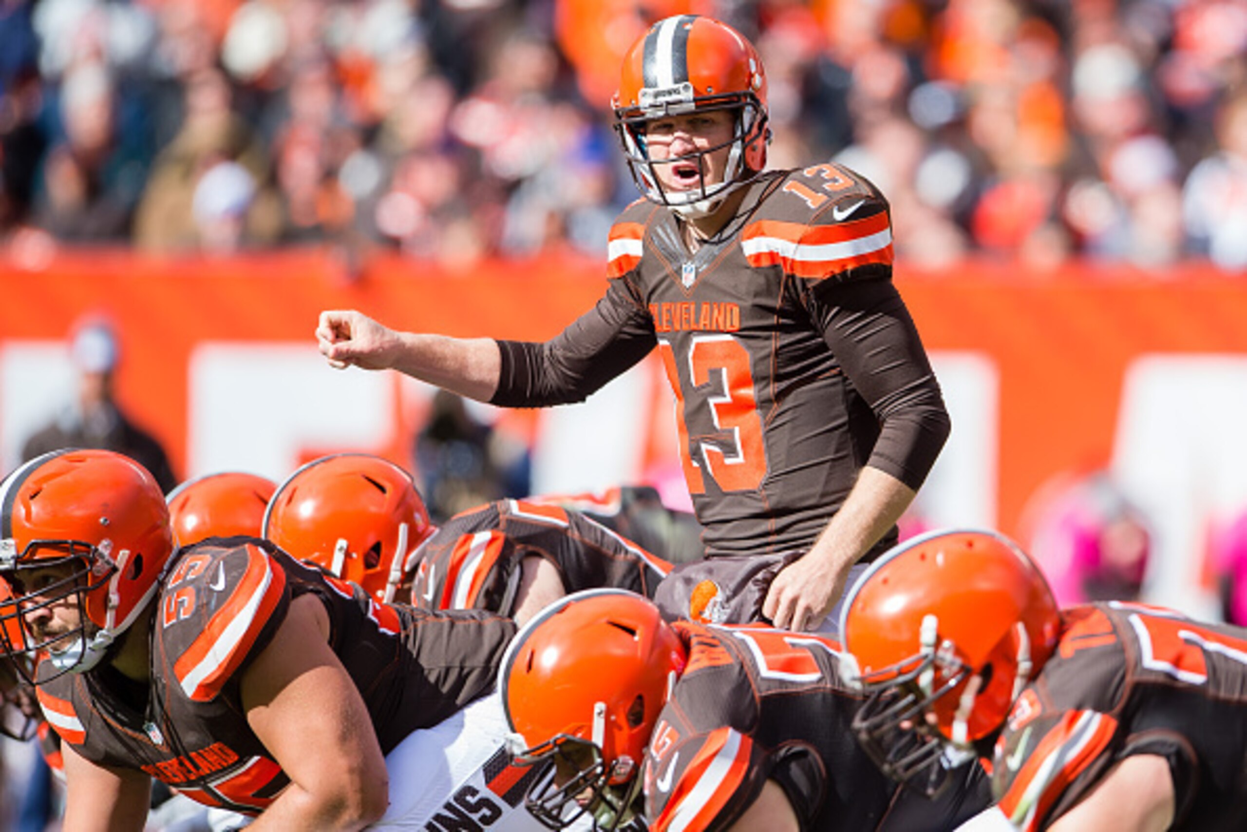 CLEVELAND, OH - OCTOBER 18: Quarterback Josh McCown #13 of the Cleveland Browns yells to his teammates during the second half against the Denver Broncos at FirstEnergy Stadium on October 18, 2015 in Cleveland, Ohio. The Broncos defeated the Browns 26-23 i