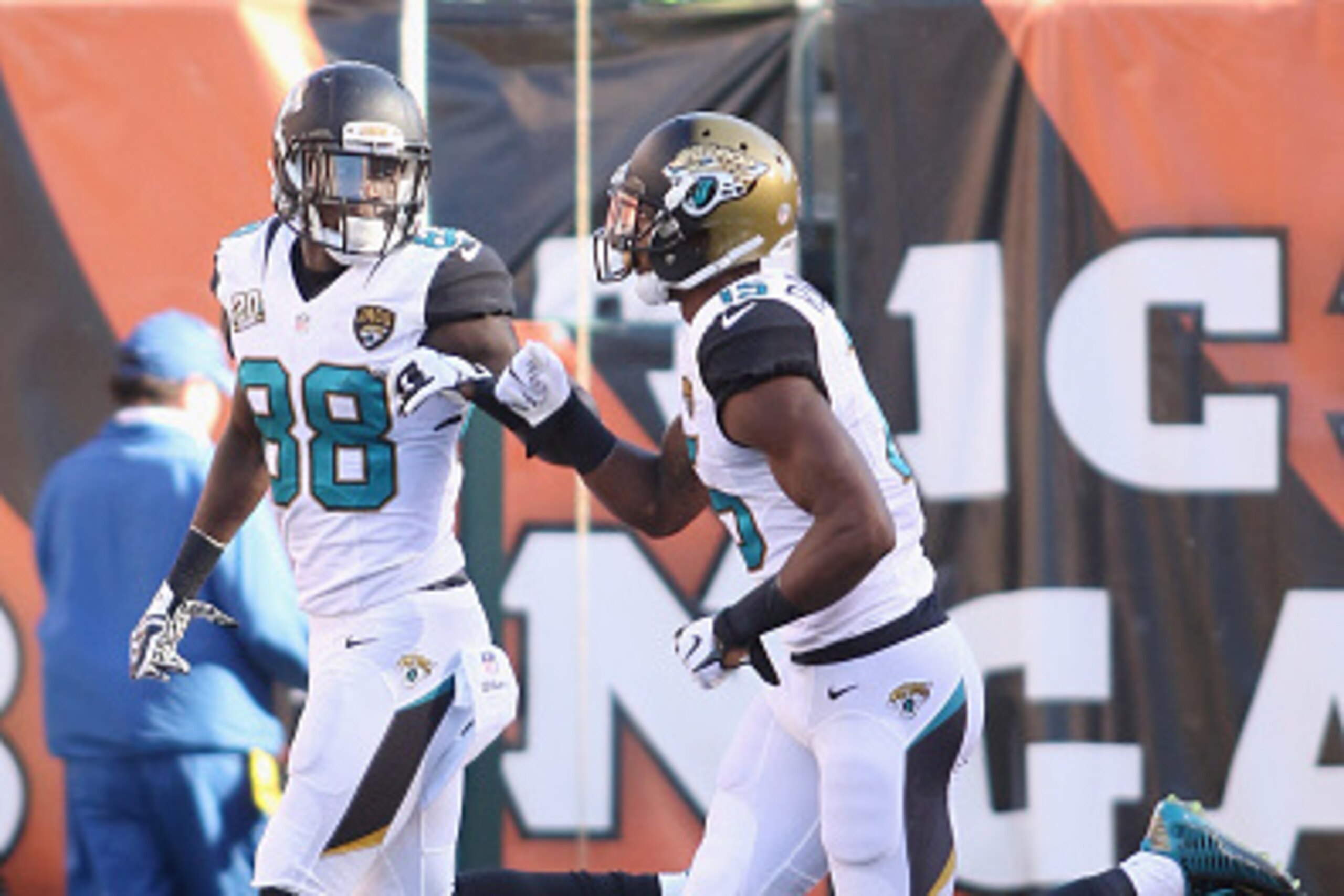 CINCINNATI, OH - NOVEMBER 02: Allen Robinson #15 celebrates a touchdown with Allen Hurns #88 of the Jacksonville Jaguars during their game against the Cincinnati Bengals at Paul Brown Stadium on November 2, 2014 in Cincinnati, Ohio. The Bengals defeated t